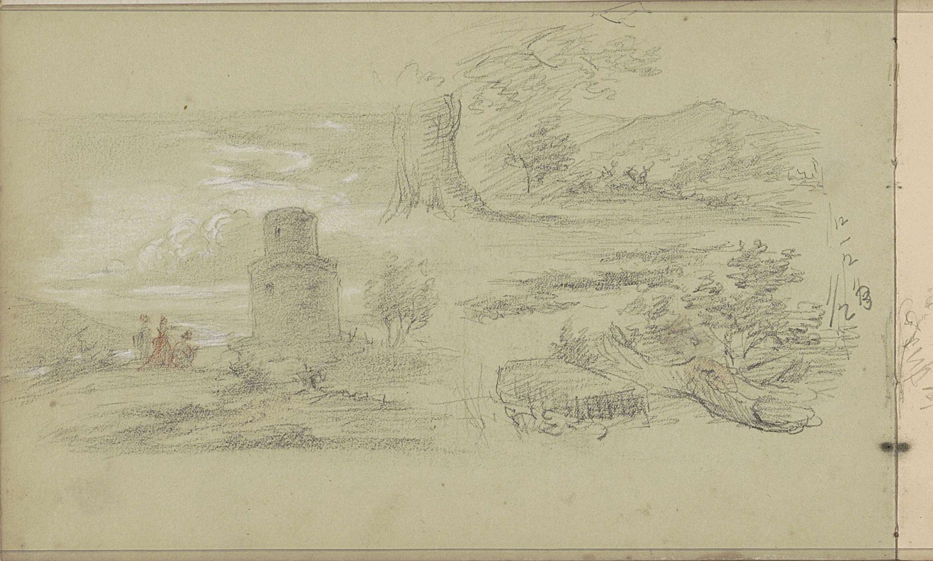 Heuvellandschap met figuren en een toren by Willem Cornelis Rip