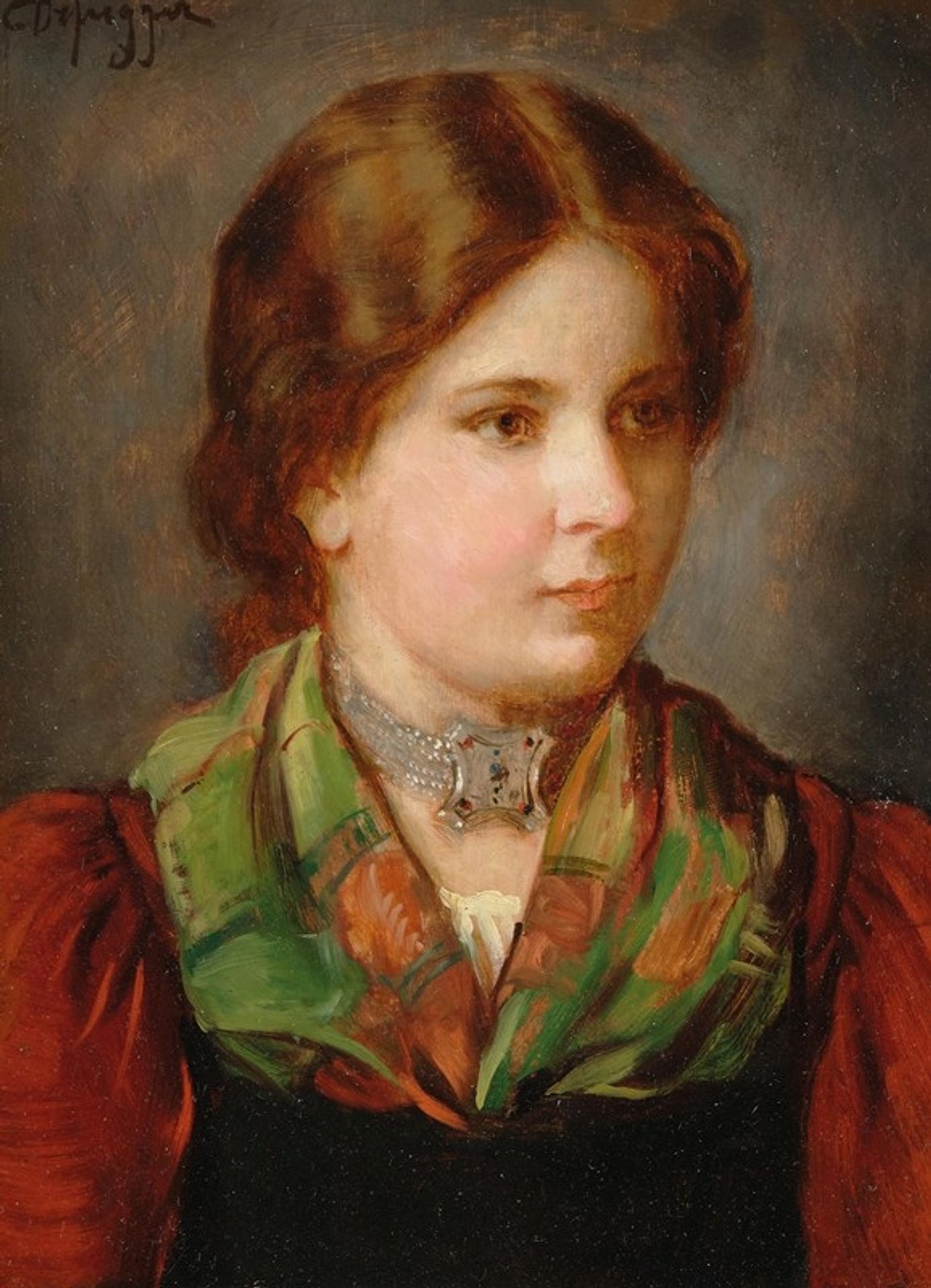 A Young Girl in Traditional Costume with Shawl and Choker by Franz von Defregger