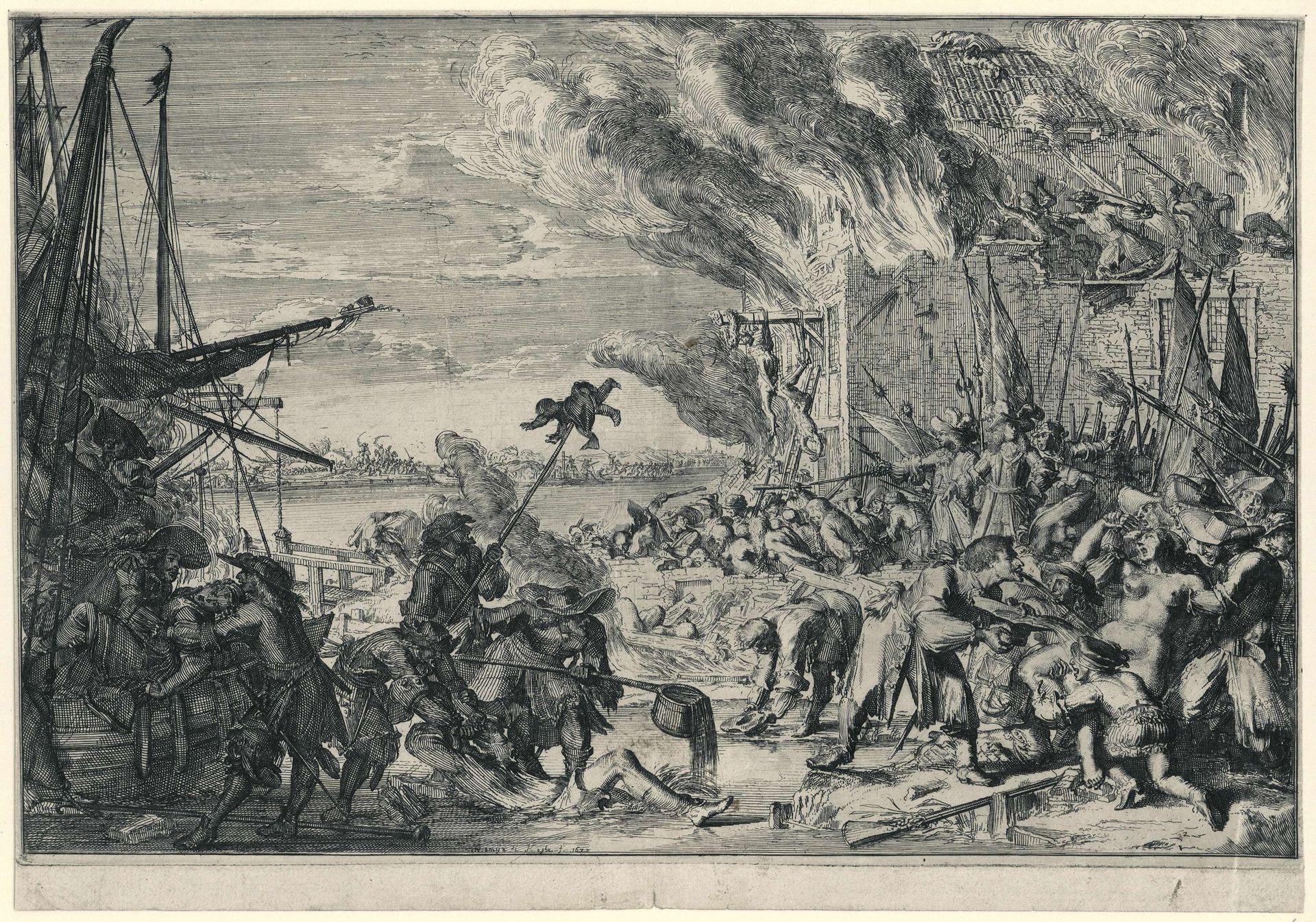 Wreedheden in een dorp aan het water, 1672 by Romeyn de Hooghe