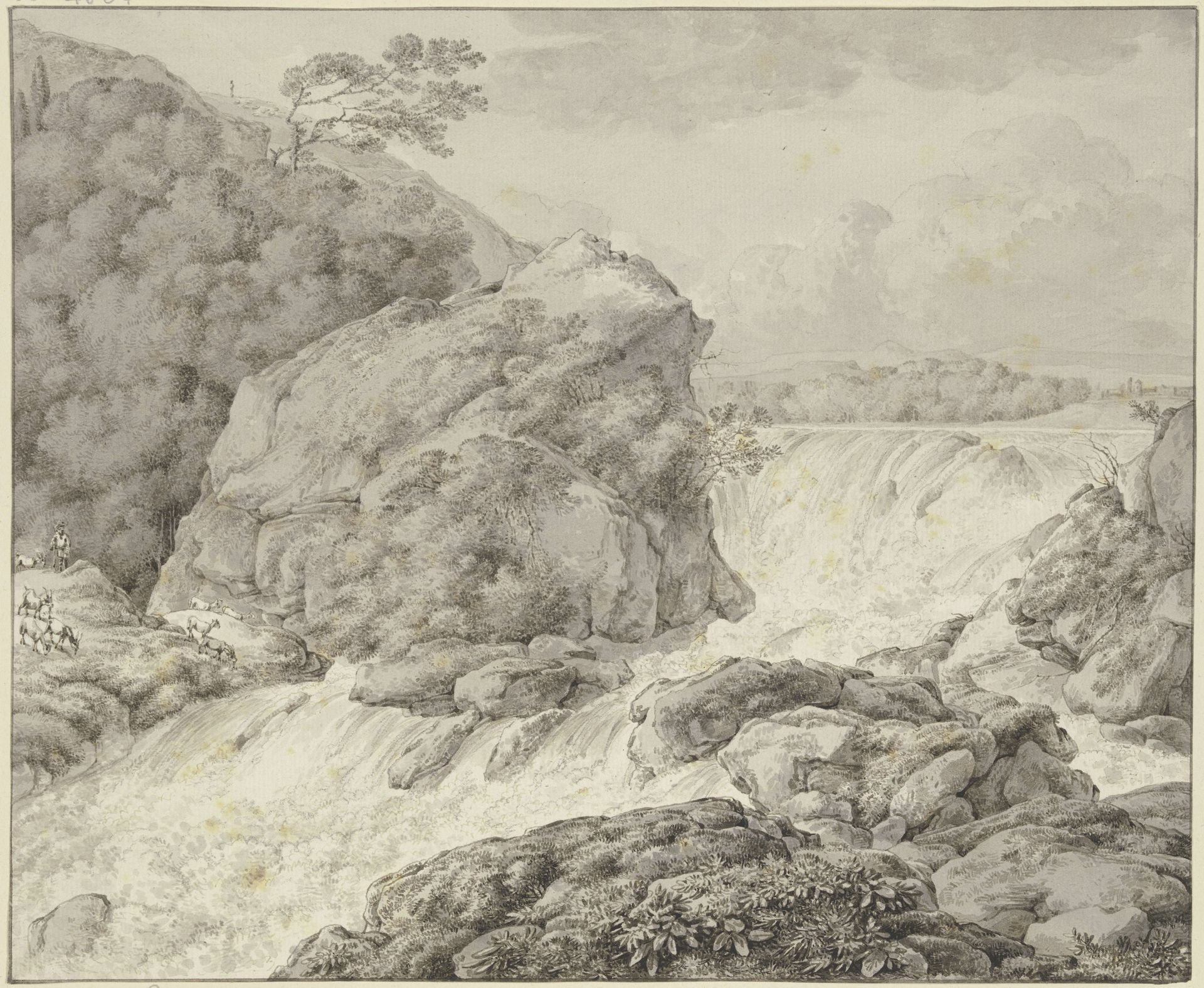 Gebirgslandschaft mit Wasserfall und Herde by Franz Kobell
