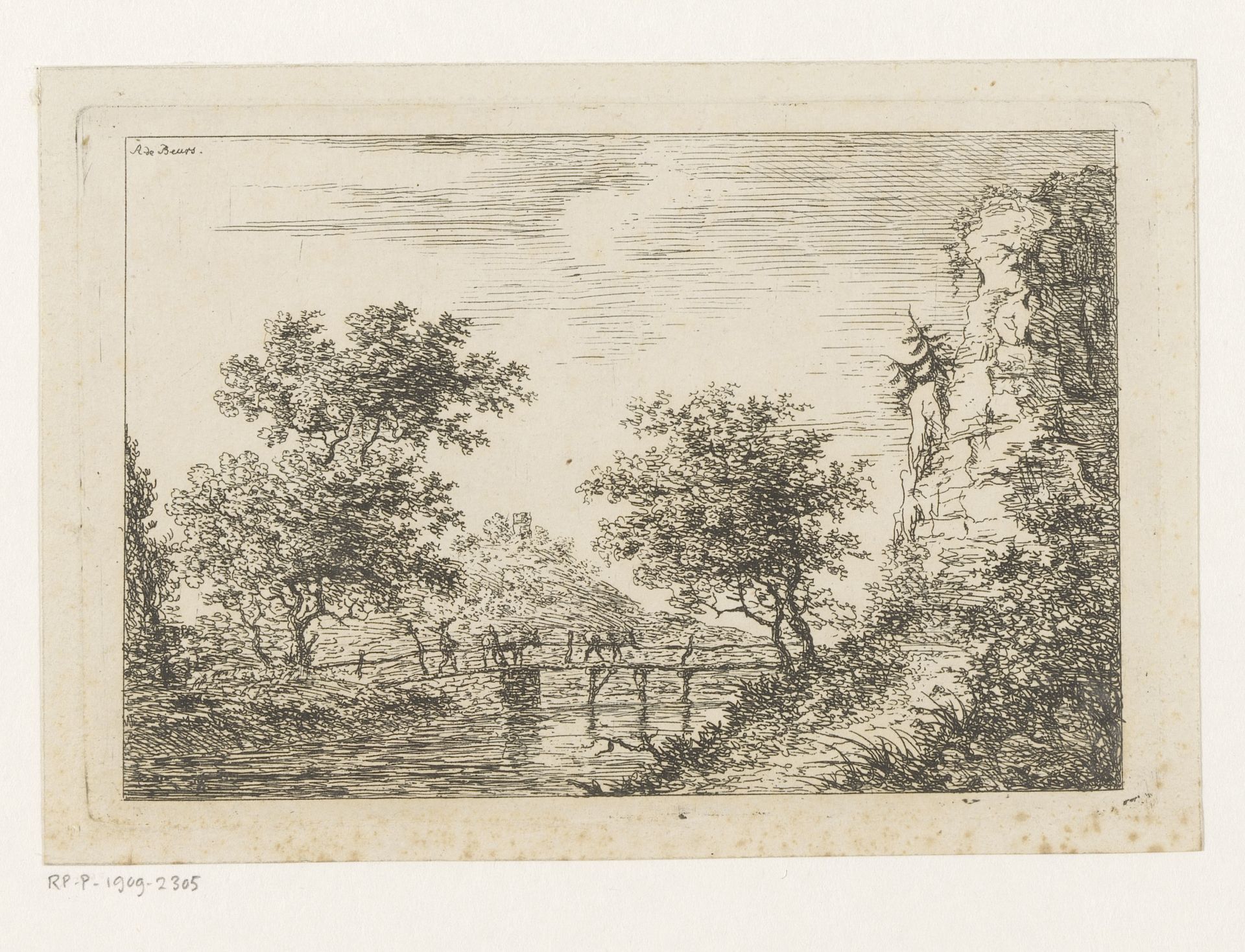 Landschap met een brug waar een man met twee koeien over loopt by André Paul de Beurs-Stiermans