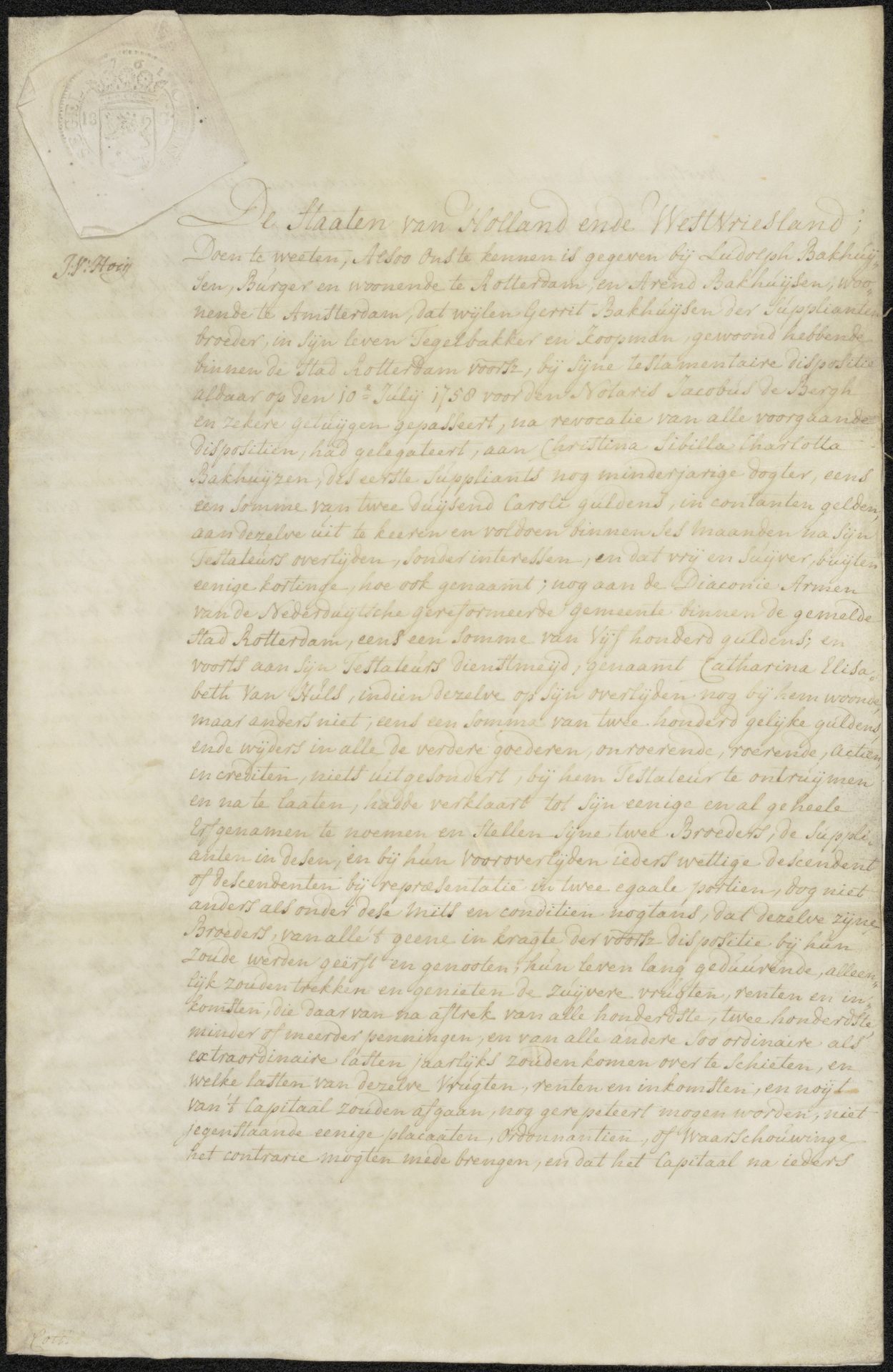 Document aan Ludolf Backhuijzen (II) en Arend Bakhuijzen by Staten van Holland en West-Friesland