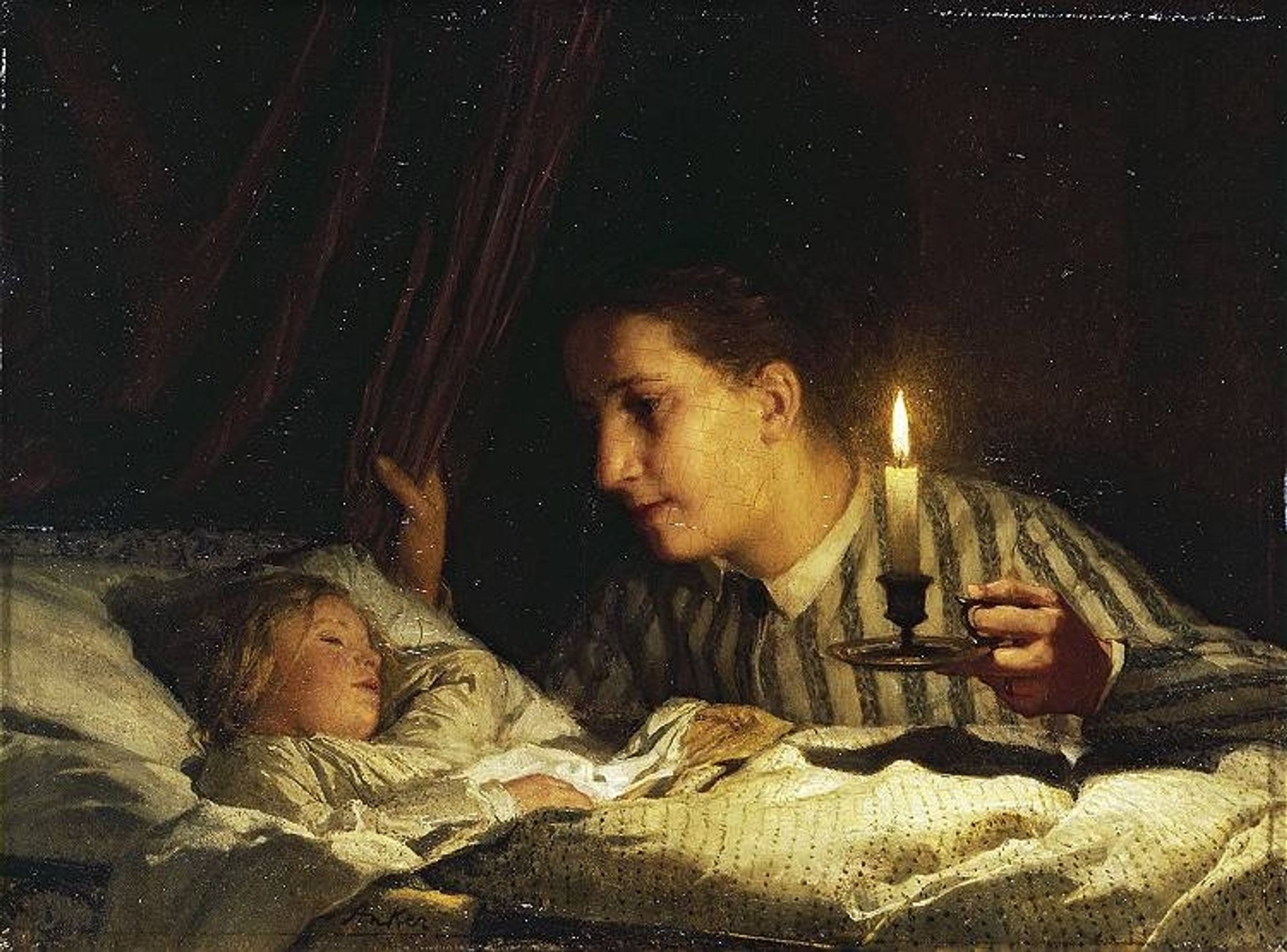 Young mother contemplating her sleeping child in candlelight by Albrecht Anker