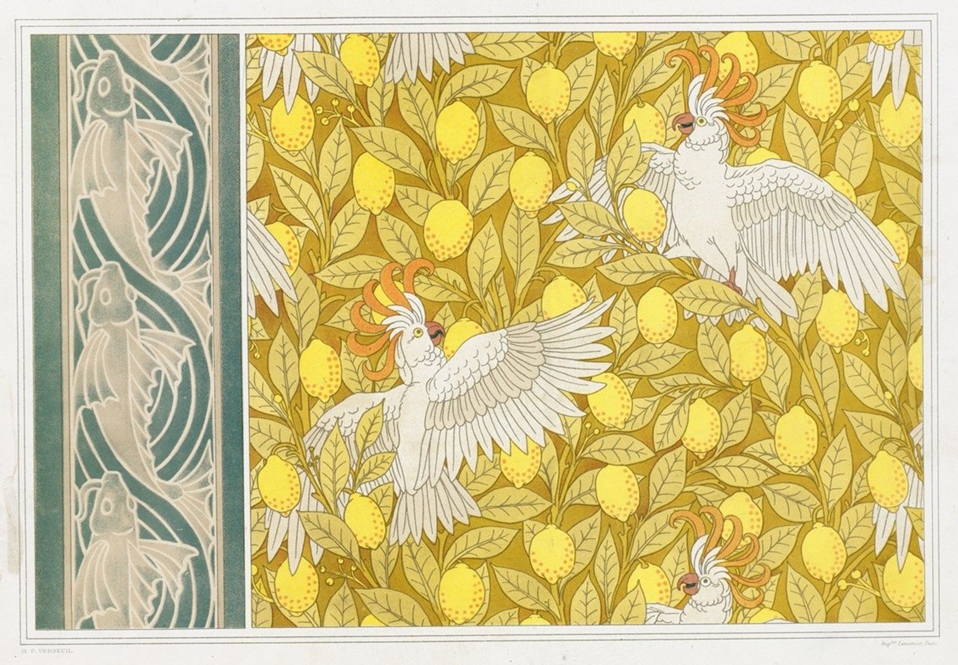 Poissons, frise au pochoir. Cacatoës et citrons, cretonne. by Maurice Pillard Verneuil
