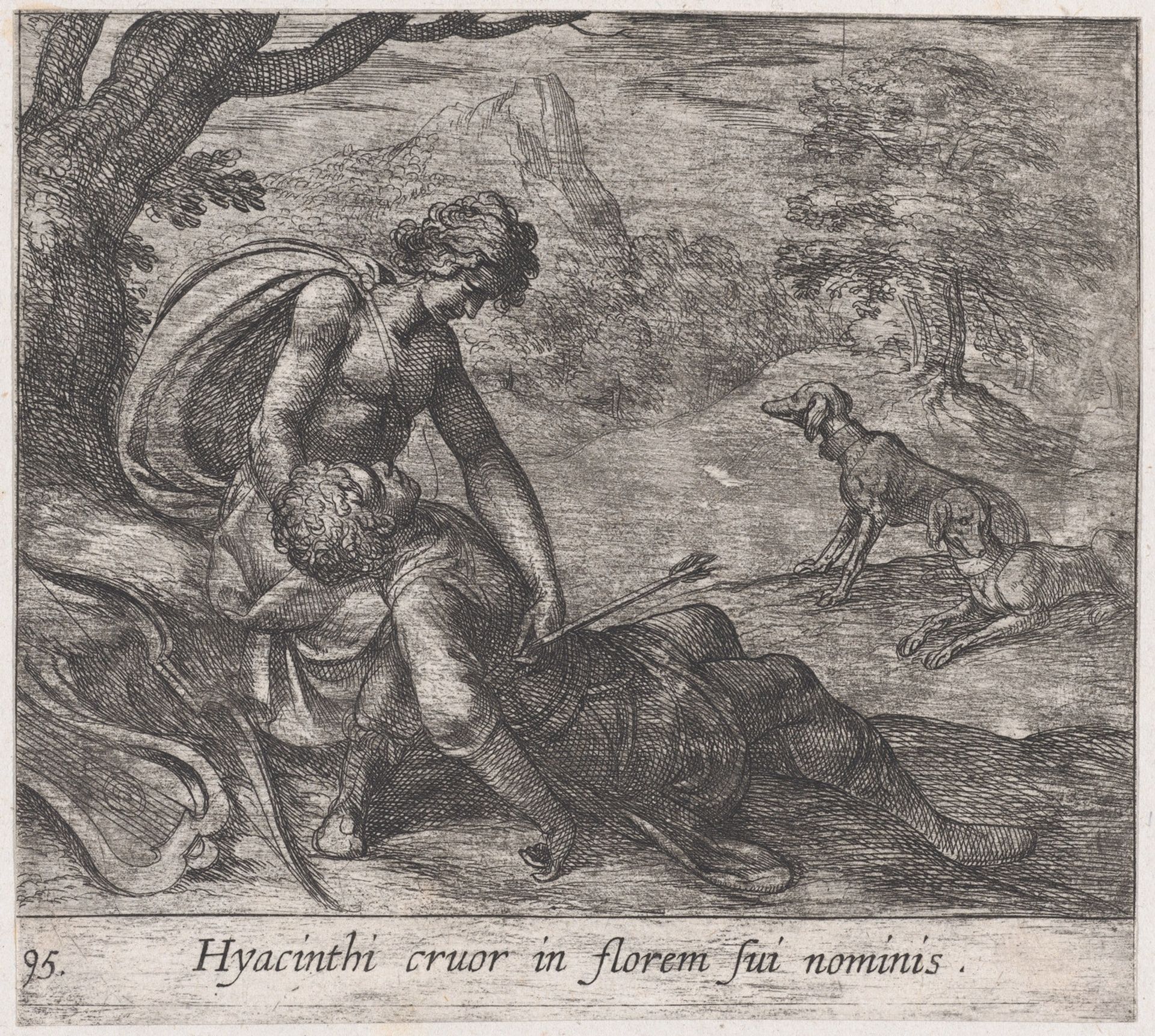 Plate 95: The Death of Hyacinthus (Hyacinthi cruor in florem sui nominis), from Ovid's 'Metamorphoses' by Antonio Tempesta