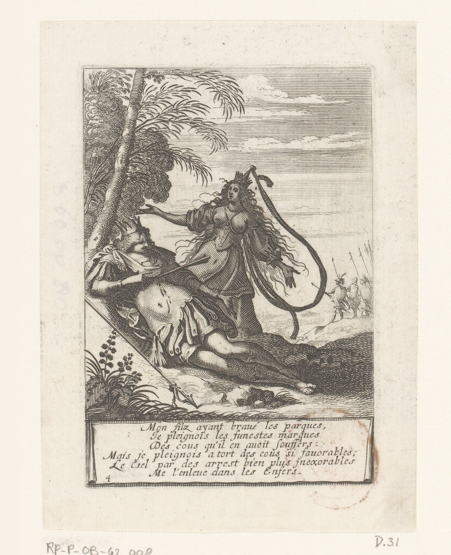 Koning Joram door een pijl doorboord, Izebel staat naast hem by Abraham Bosse