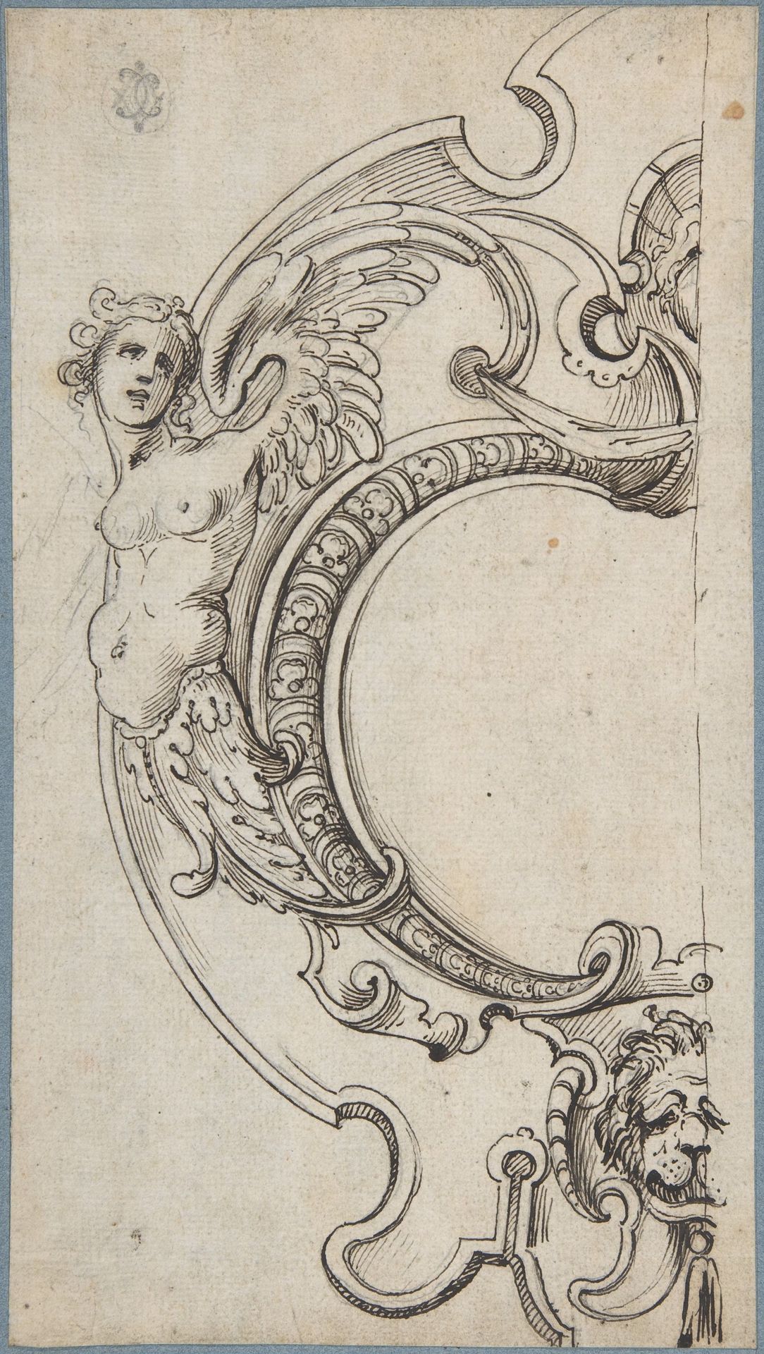 Half of a Cartouche with a Female Figure on the Left and a Lion's Head on the Bottom by Anonymous