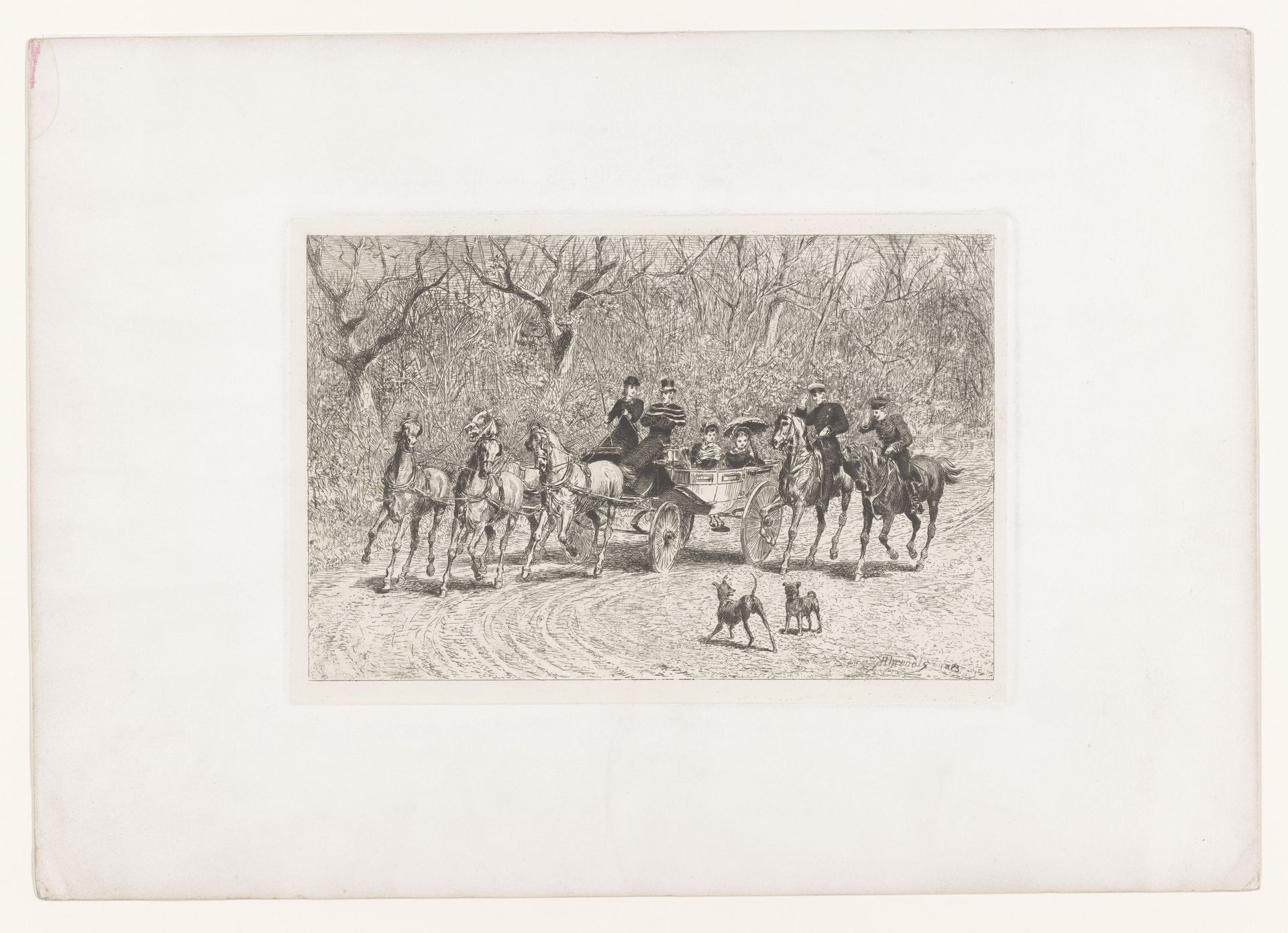 Twee militairen te paard groeten dames in een vierspan by Conrad Ahrendts