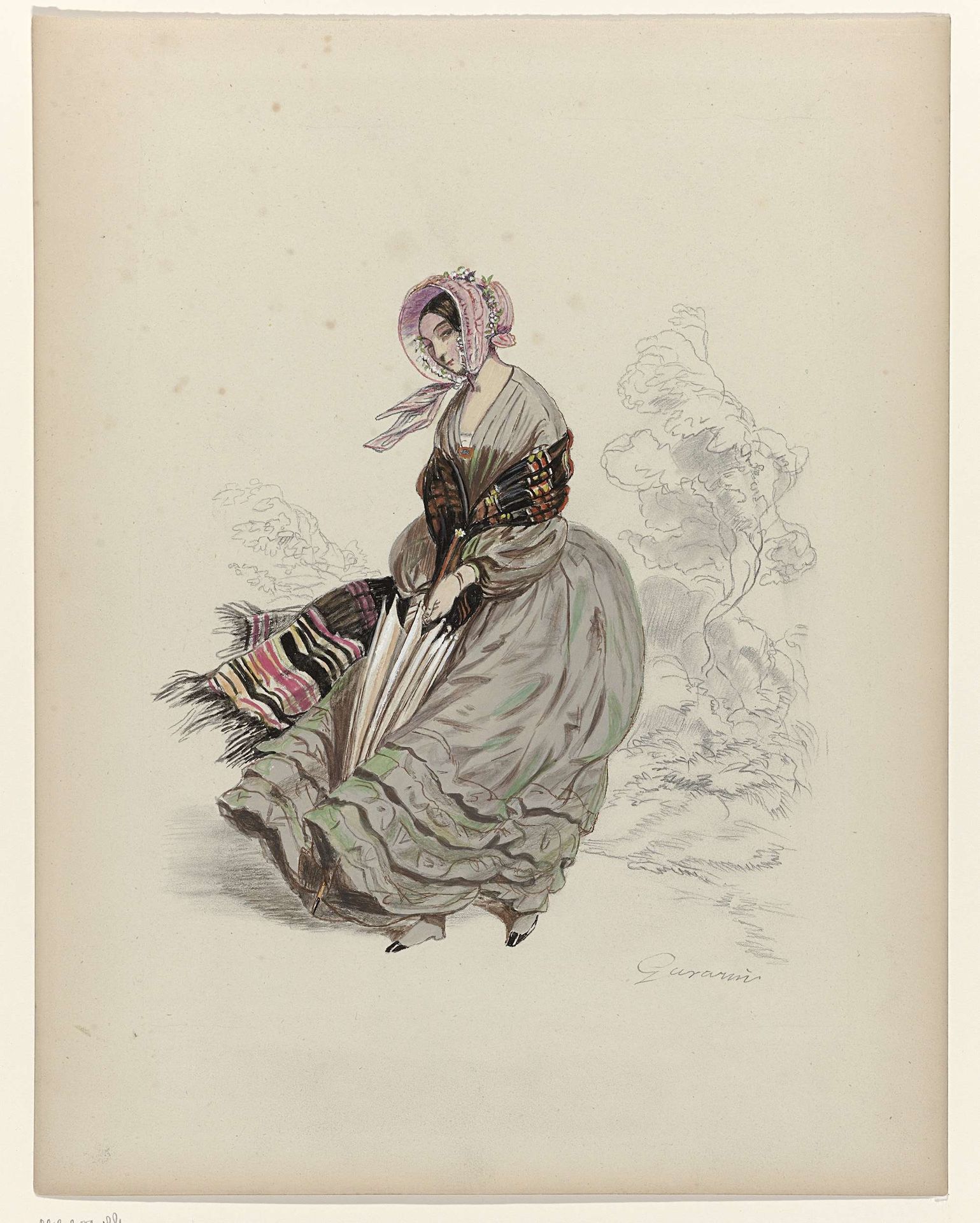 Vrouw, lopend in de wind, met parasol, 1840 by Paul Gavarni