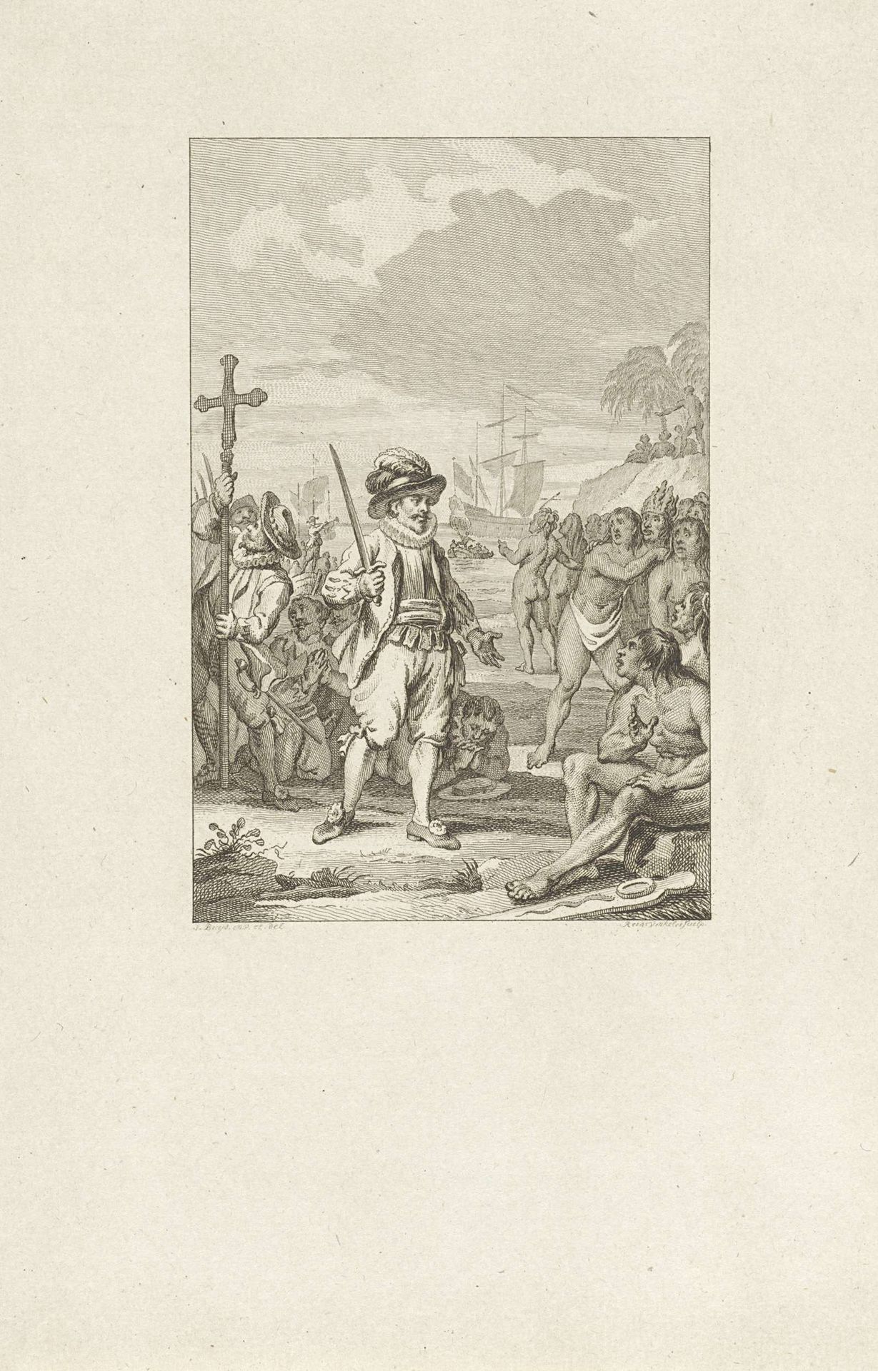 Christoffel Columbus komt aan in Amerika by Reinier Vinkeles