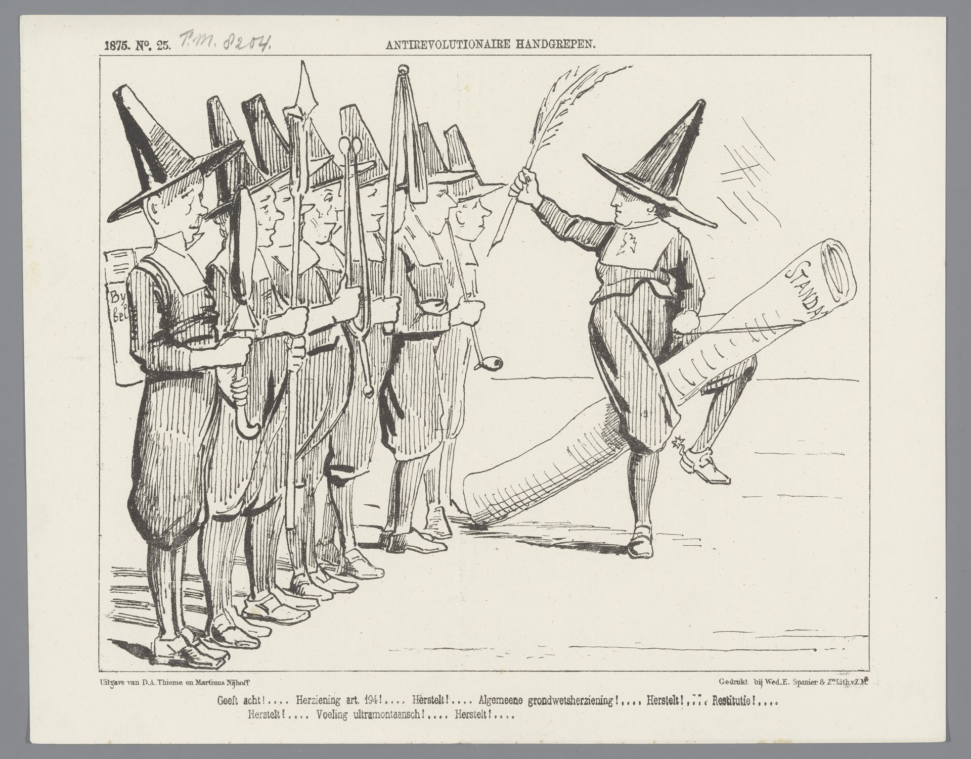 Spotprent over de eisen van de antirevolutionairen inzake het onderwijs, 1875 by Johan Michaël Schmidt Crans
