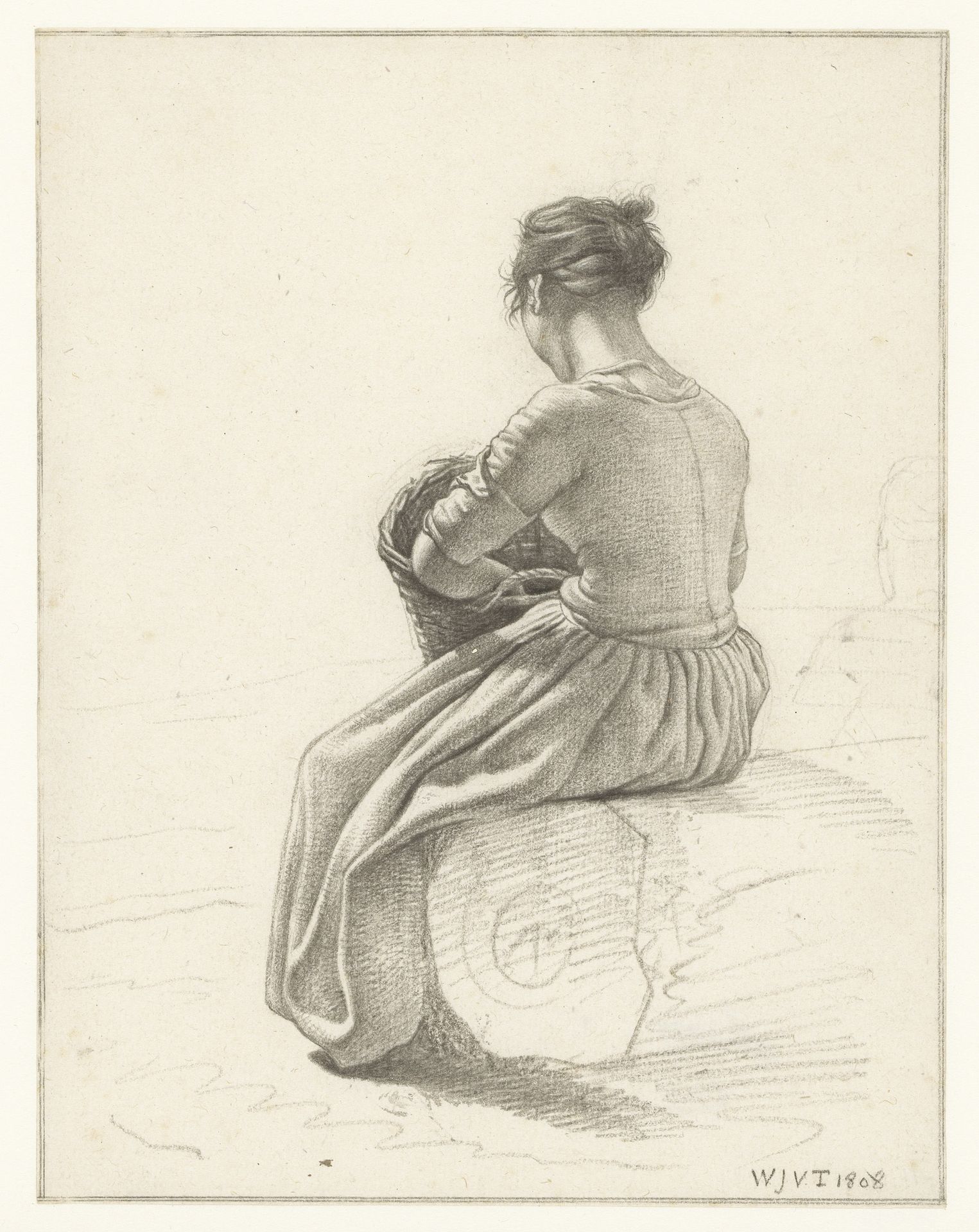 Zittend meisje met mand van achteren gezien by Wouter Johannes van Troostwijk