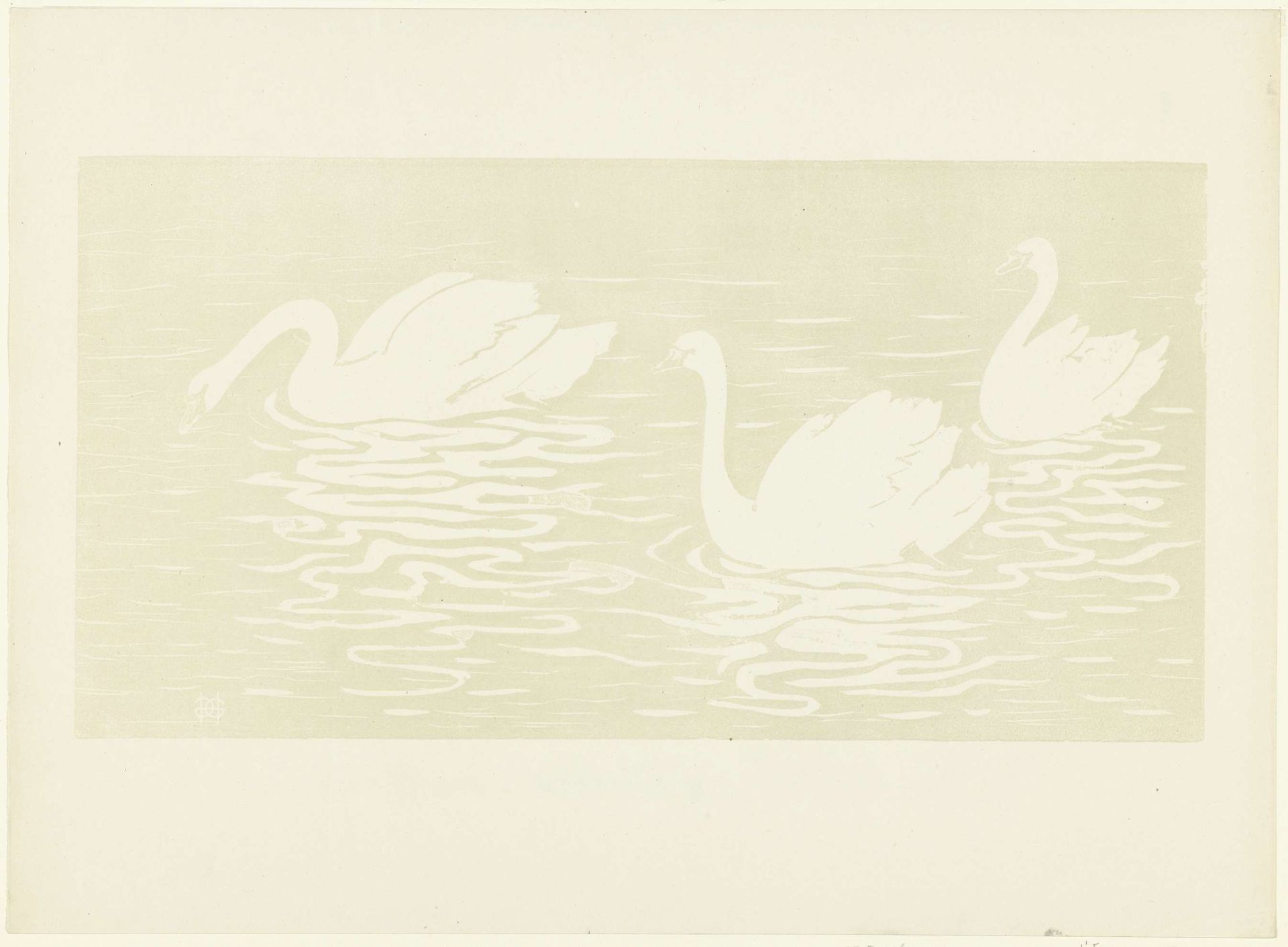 Drie zwanen zwemmen in water by Henri-Charles Guérard
