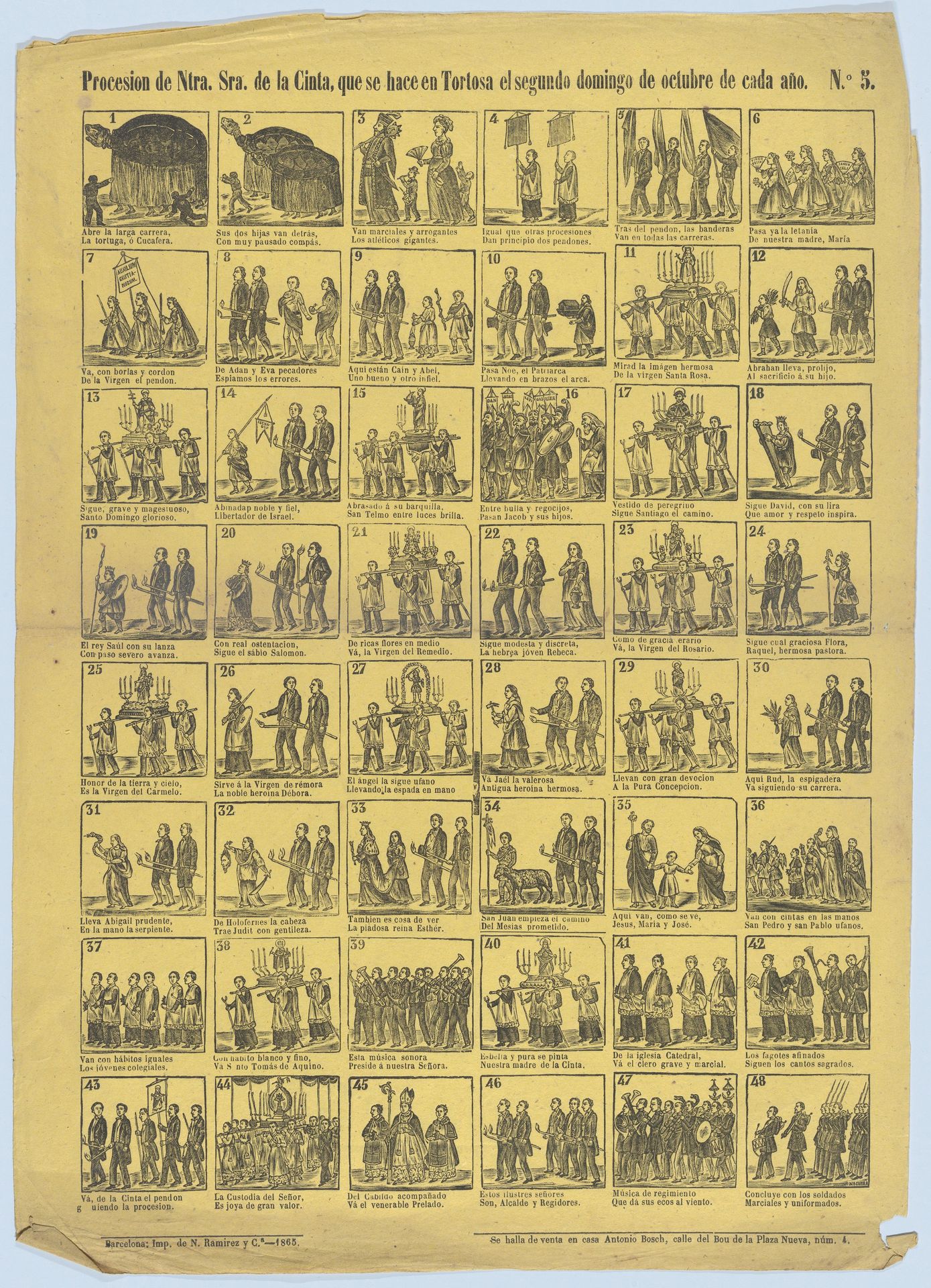 Broadside with 48 scenes relating to the procession of Our Lady of Cinta (Tortosa) by José Noguera