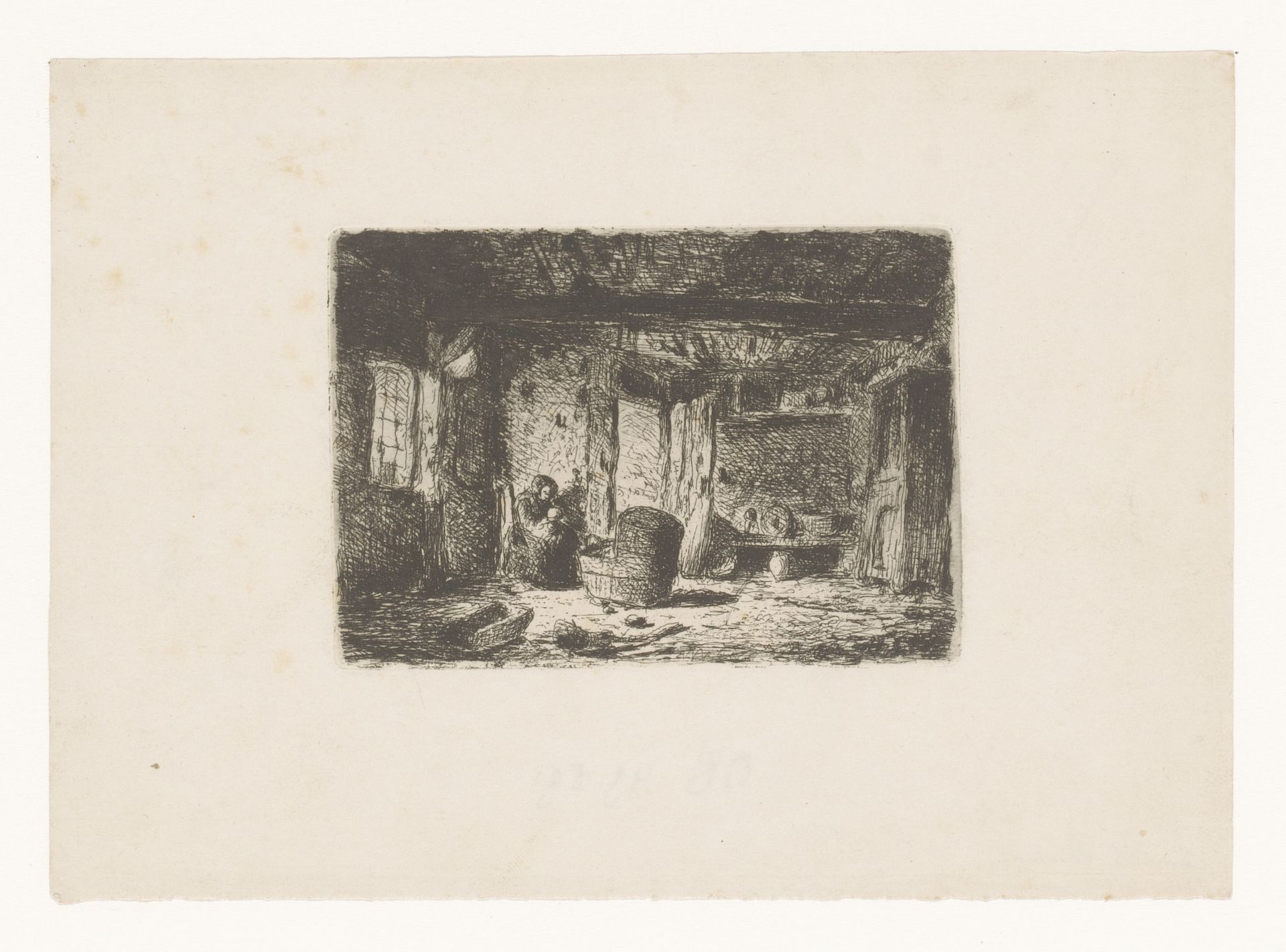 Interieur met vrouw bij wieg by Camille Venneman