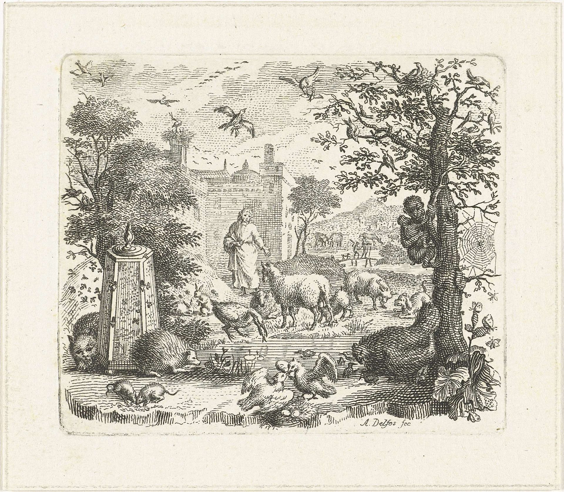 Tuin met man en dieren by Abraham Delfos