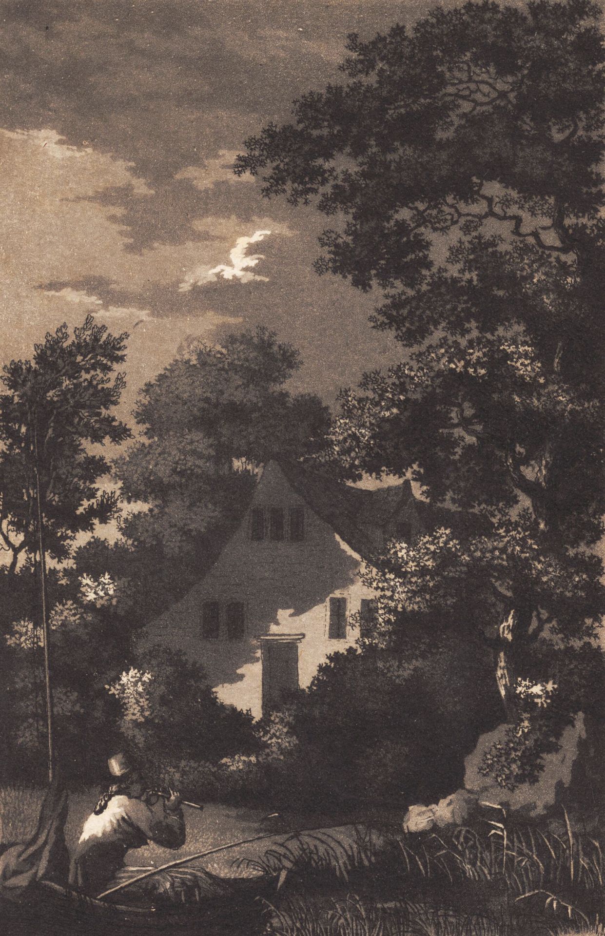 Landskab med måneskin og fløjtespiller by Heinrich Grosch