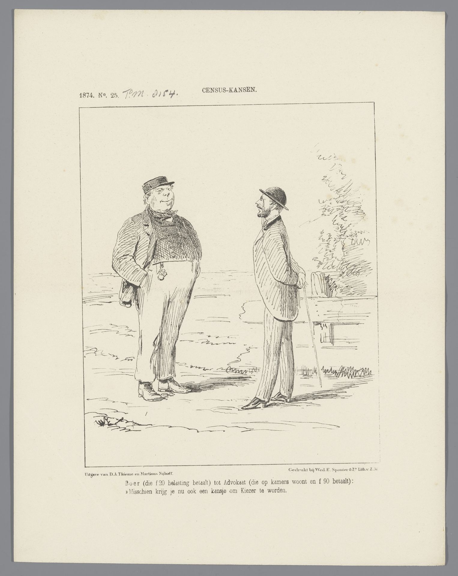 Spotprent op de voorgestelde verlaging van de census in de steden, 1874 by Johan Michaël Schmidt Crans