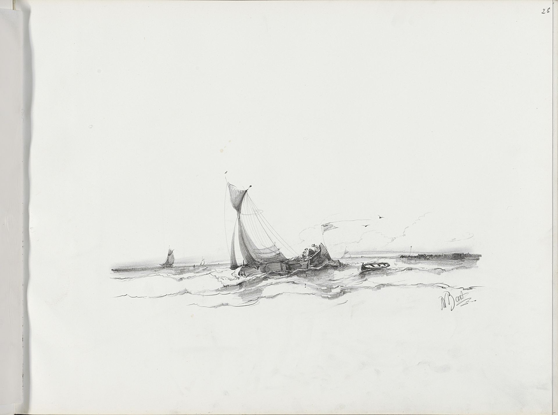 Vissersboot met figuren op het water by Albertus van Beest