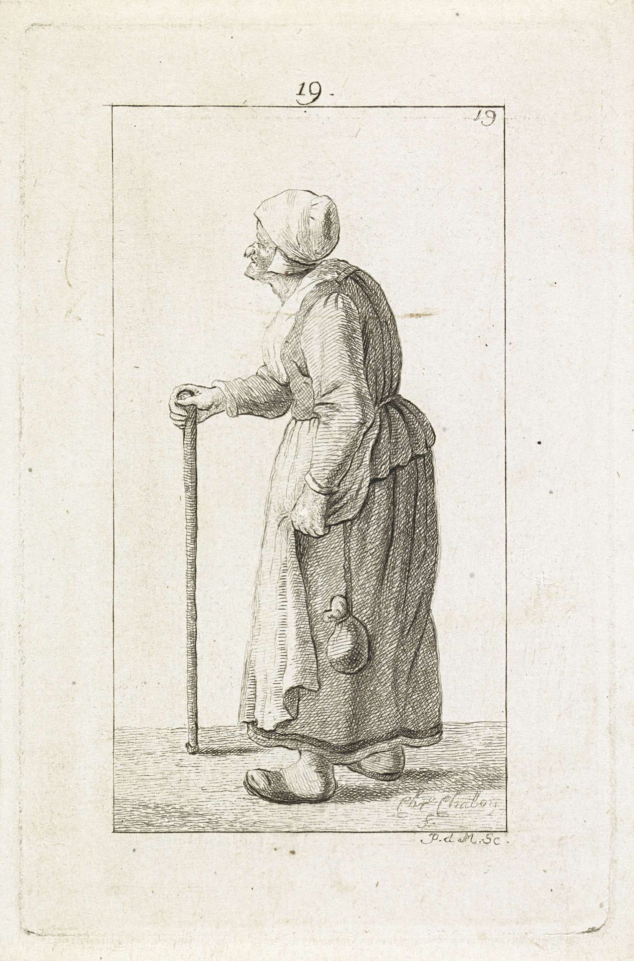 Oude vrouw met stok by Pieter de Mare