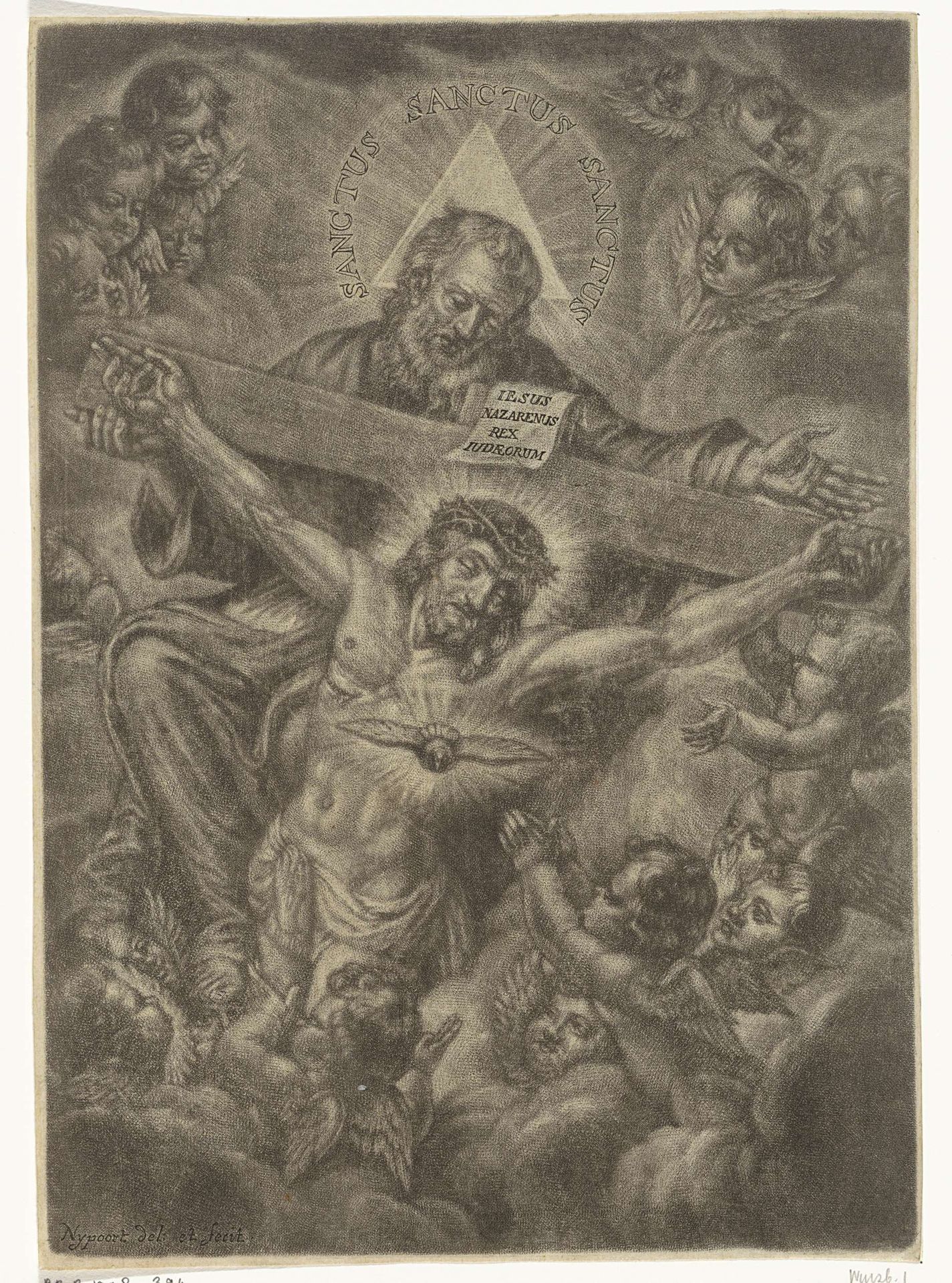 De heilige drie-eenheid omringd door engelen by Justus van den Nijpoort