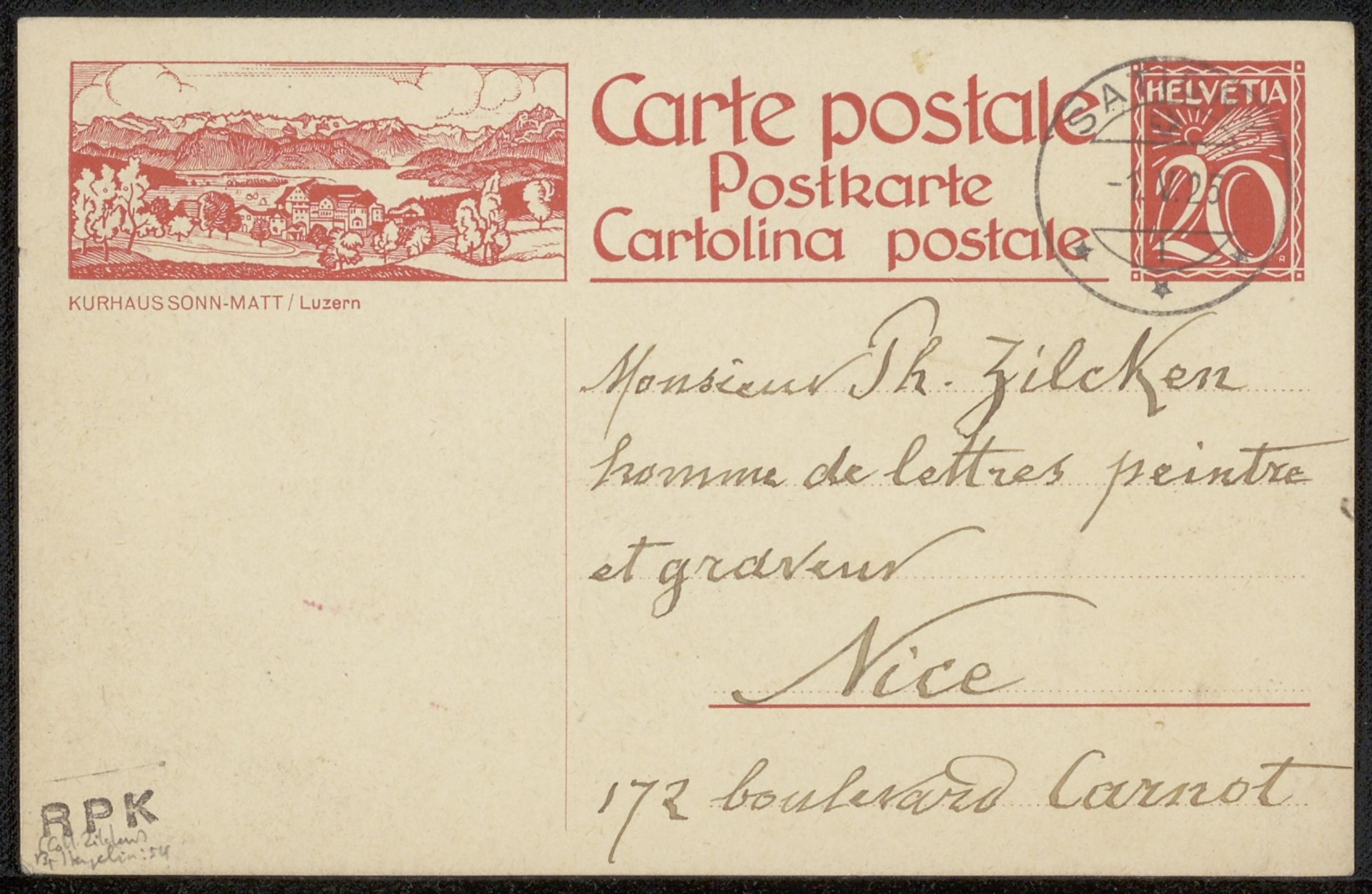 Briefkaart aan Philip Zilcken by Alphonse Stengelin