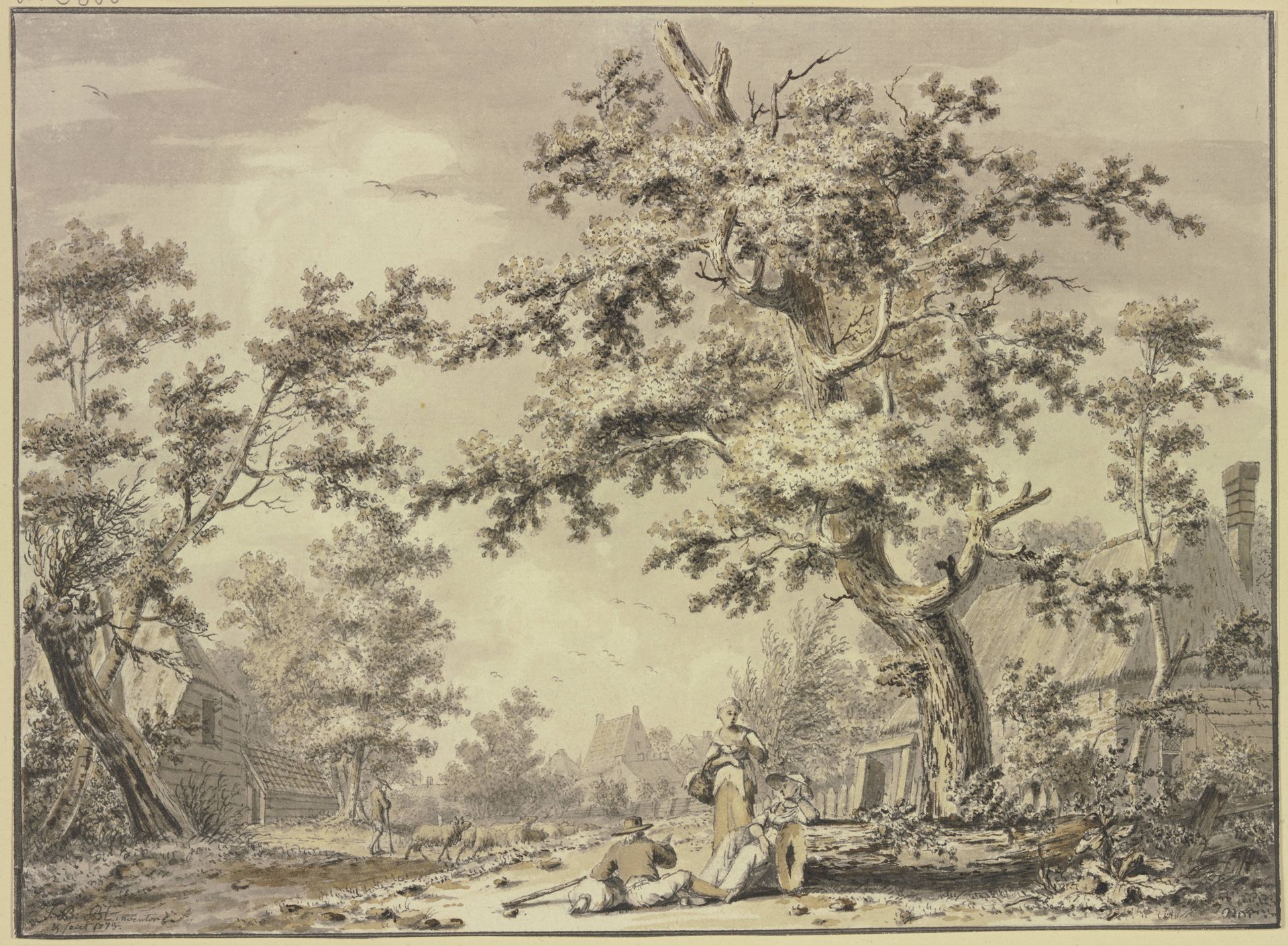 Unter einem Baum zwei Frauen und ein Bauer mit einem Sack by Johan Bernhard Brandhoff