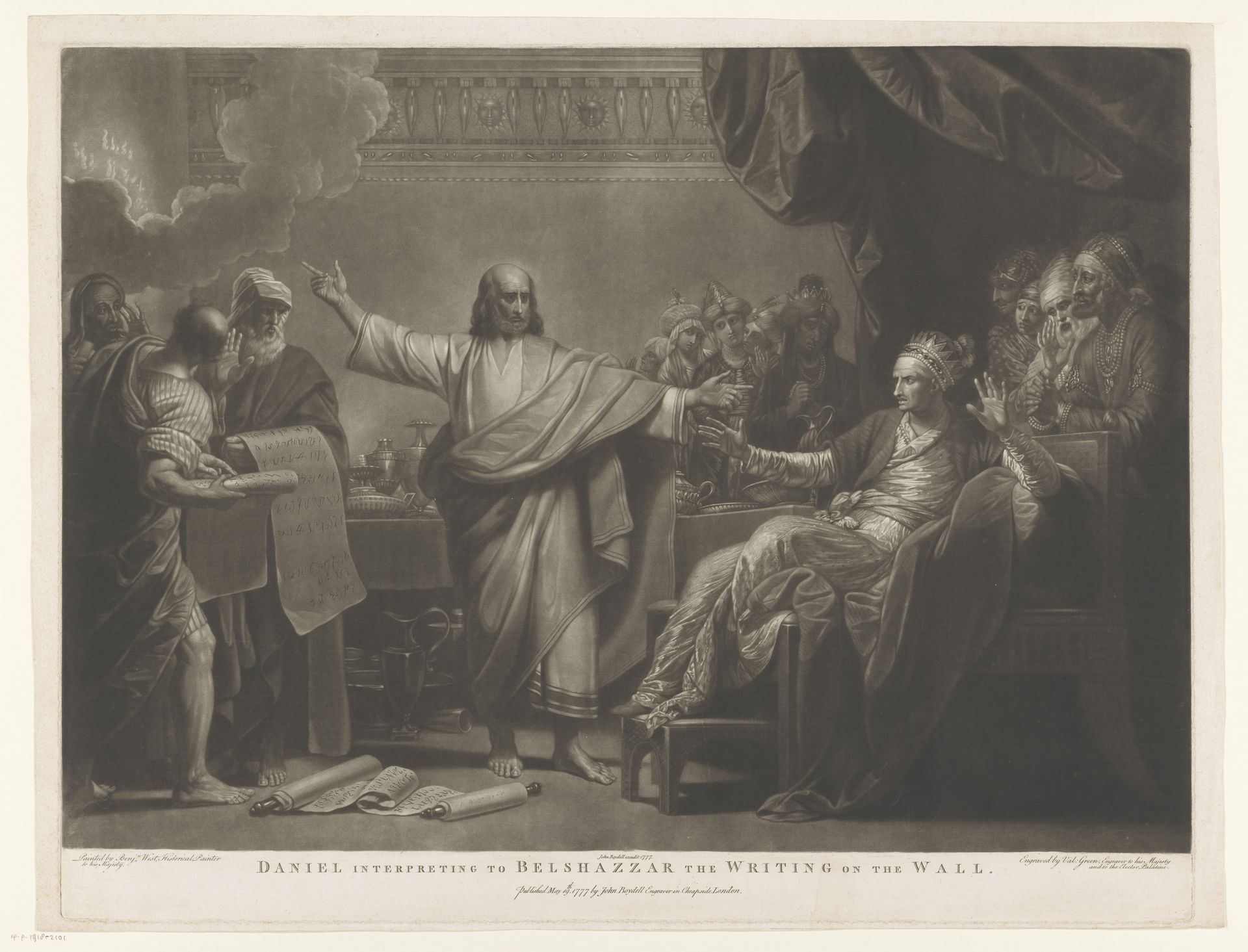 Daniël legt Belsazar de tekst op de muur uit by Valentine Green