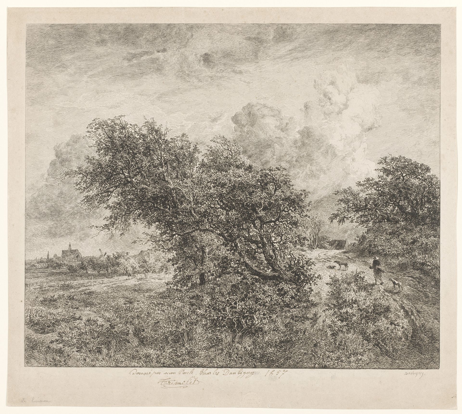 Landschap met grote struiken en wandelaar by Charles François Daubigny