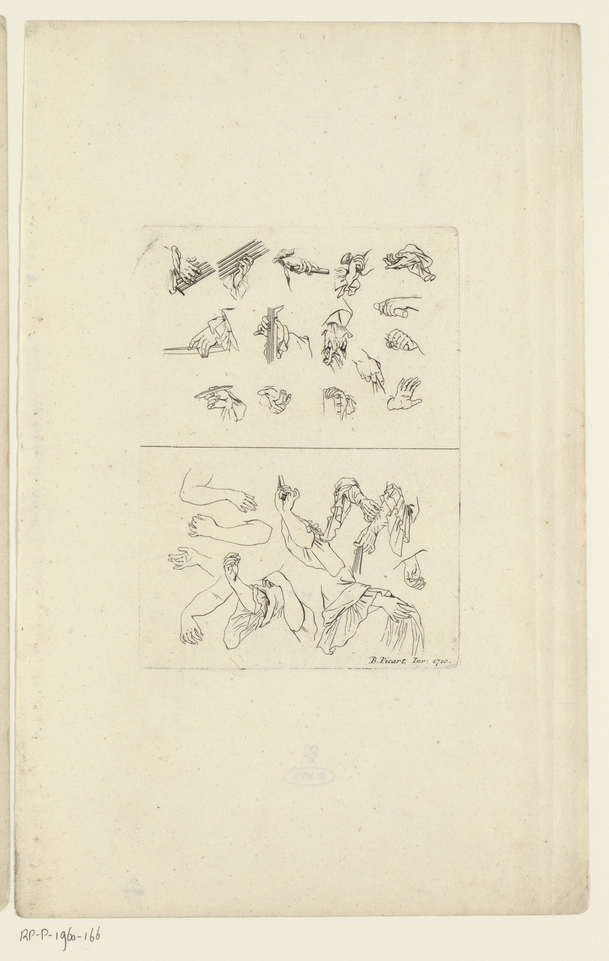 Studie met allerlei posities van handen en modestudie over het draperen van een mouw rond een arm by Bernard Picart