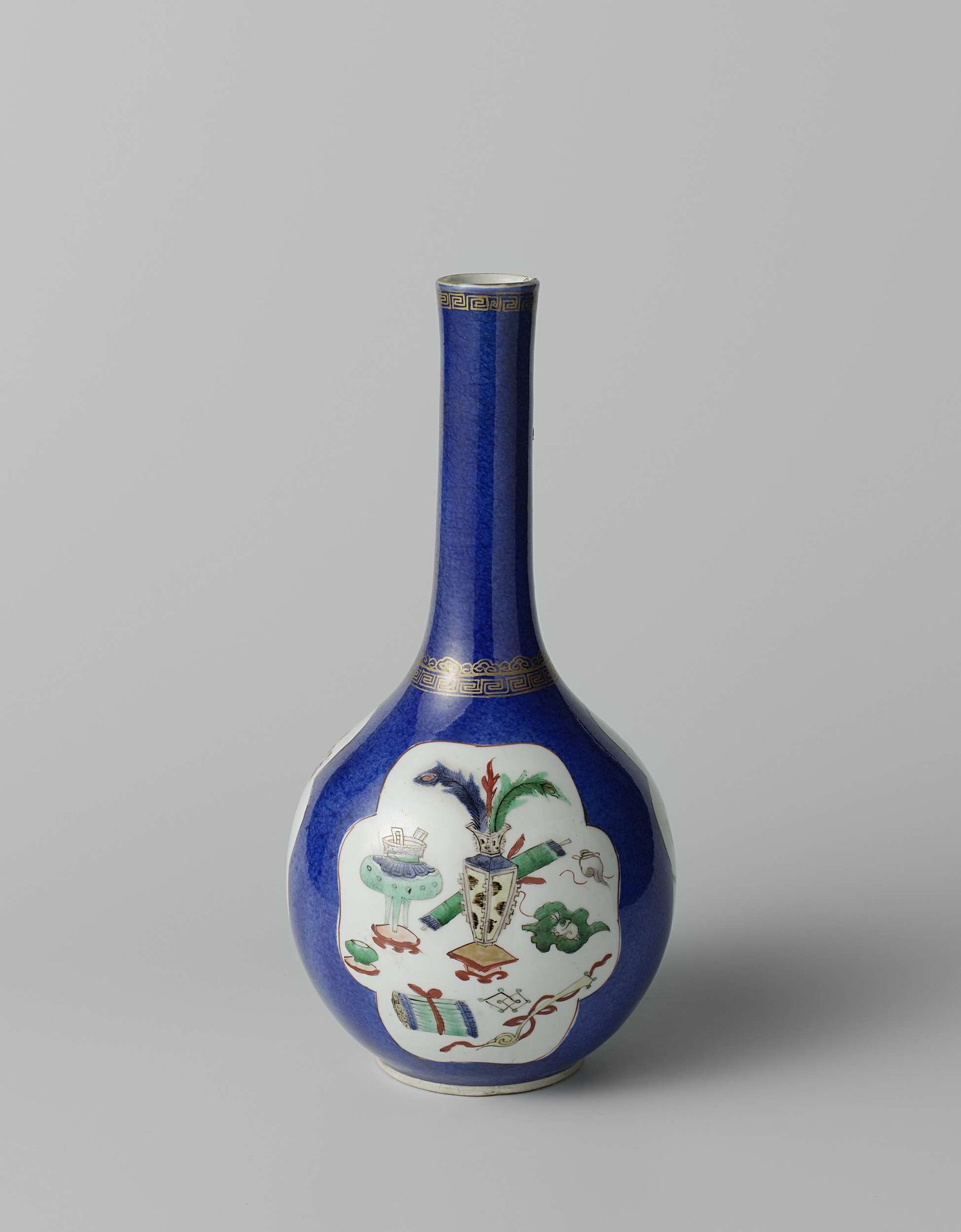 Pear-shaped bottle vase with powder blue, flower sprays and antiquities by Anonymous
