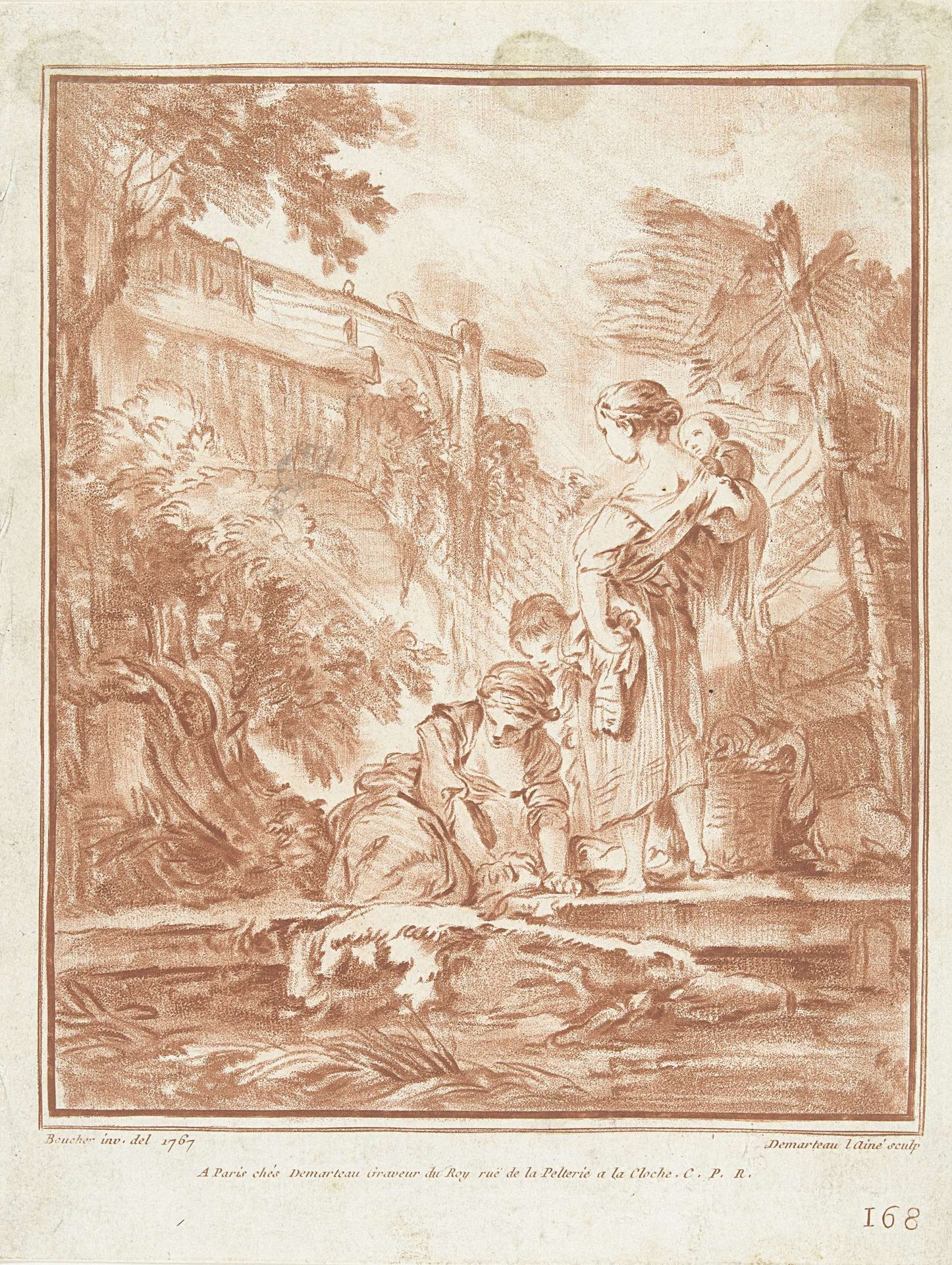 Wasvrouwen met kinderen bij beek by Gilles Demarteau