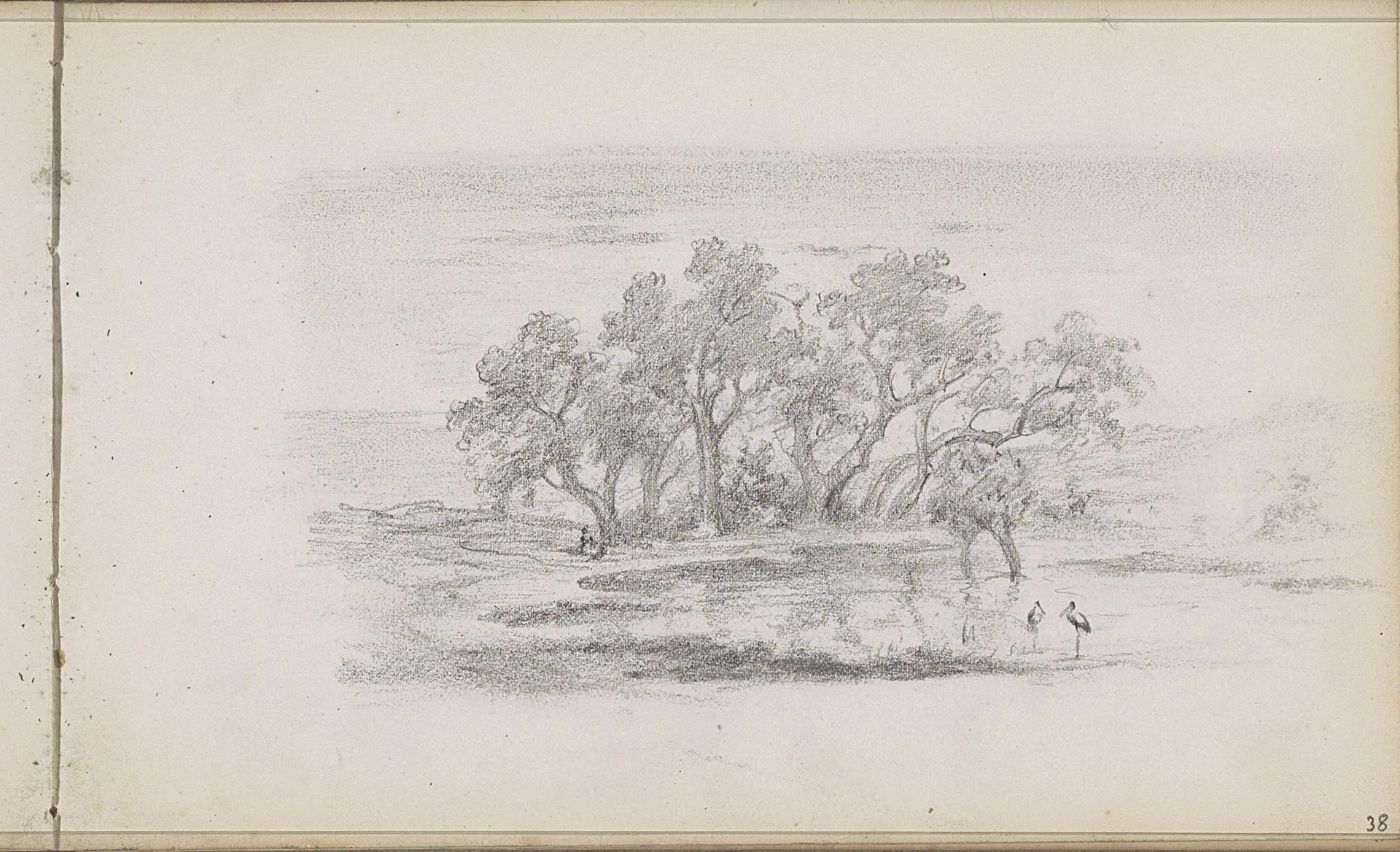 Landschap met bomen en reigers bij een plas by Willem Cornelis Rip