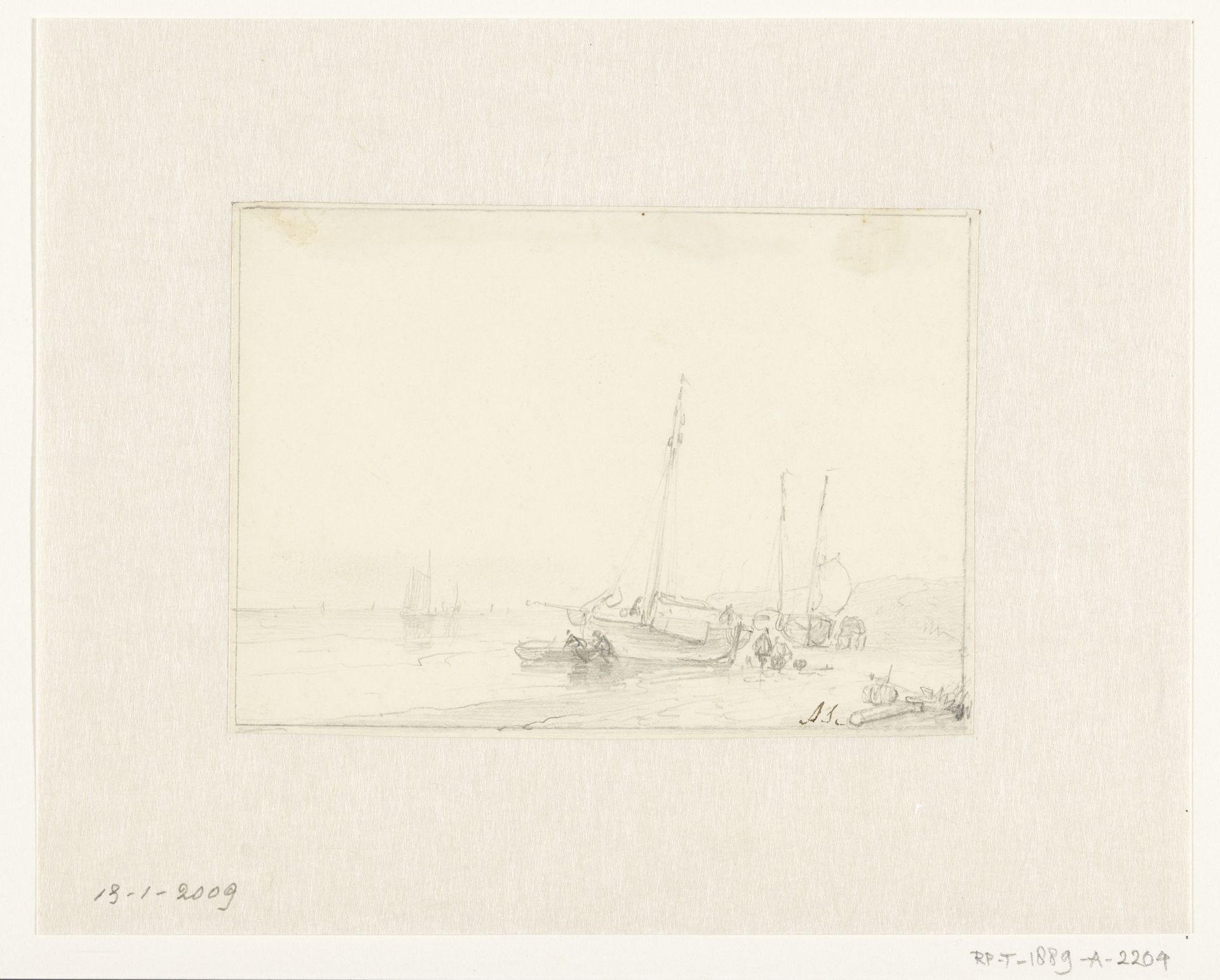 Kustgezicht met enkele boten op het strand by Andreas Schelfhout