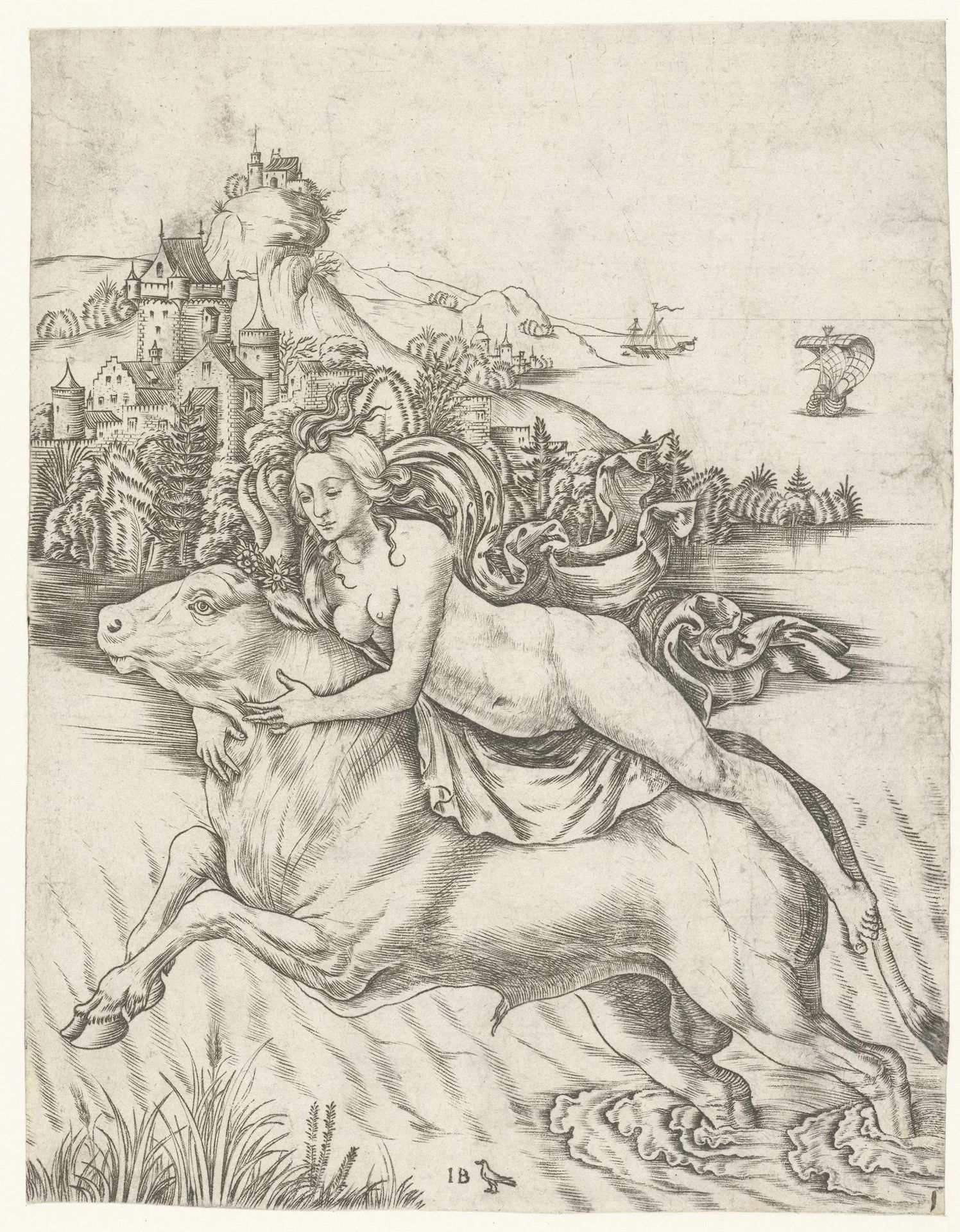 Ontvoering van Europa op rug van Jupiter in gedaante van stier by Meester IB met de vogel