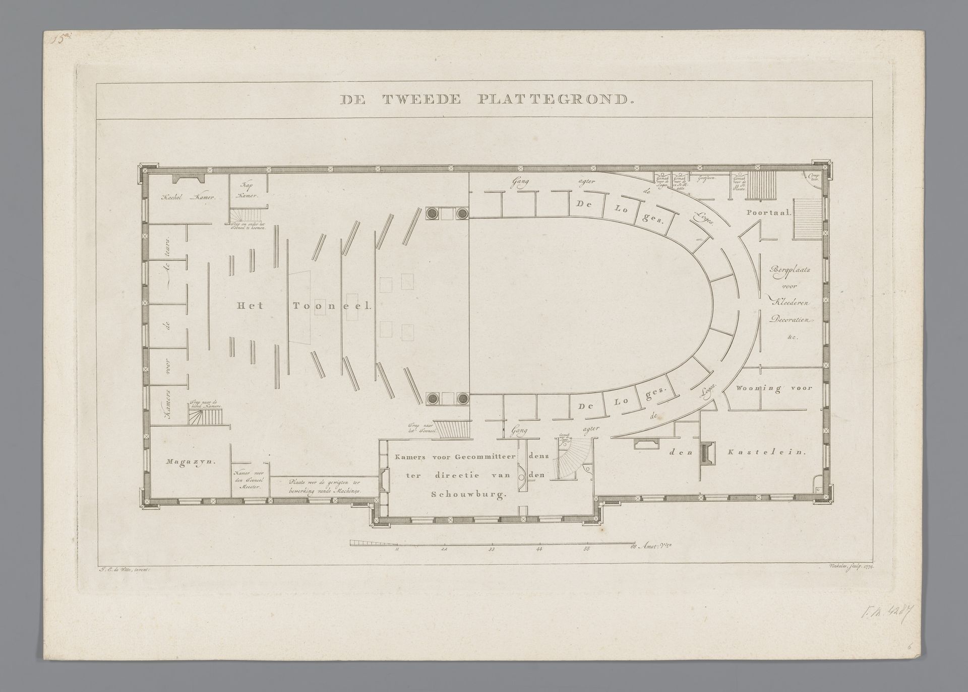 Plattegrond van de tweede verdieping van de Schouwburg te Amsterdam by Reinier Vinkeles