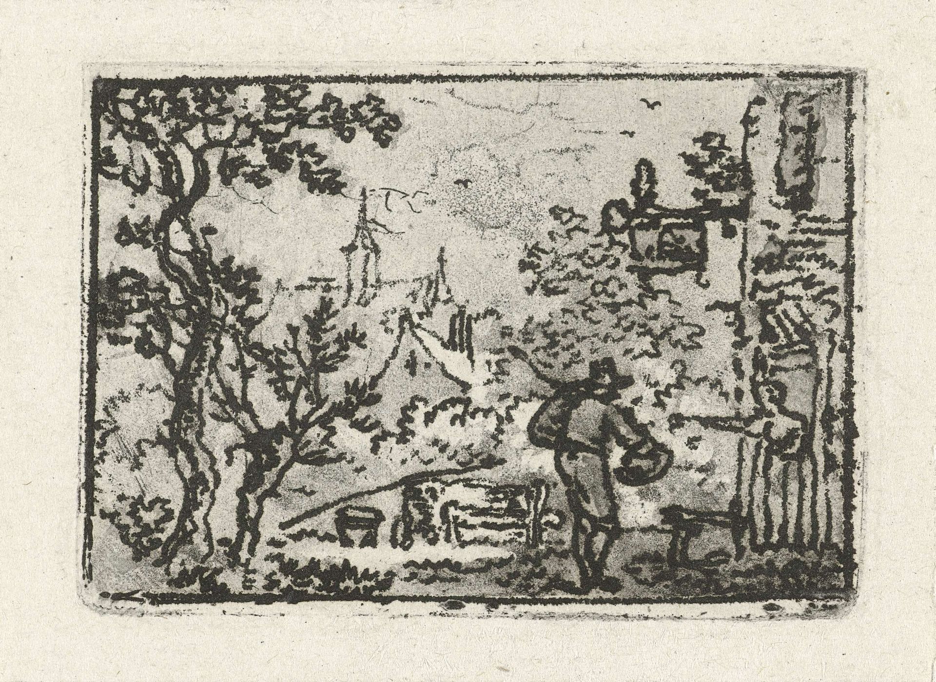 Dorpsgezicht met voetganger bij vrouw in deur by Hermanus Fock