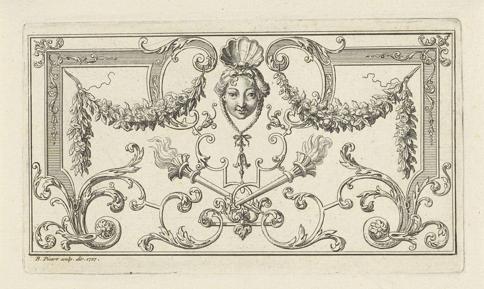 Ornament met mascaron en toortsen by Bernard Picart