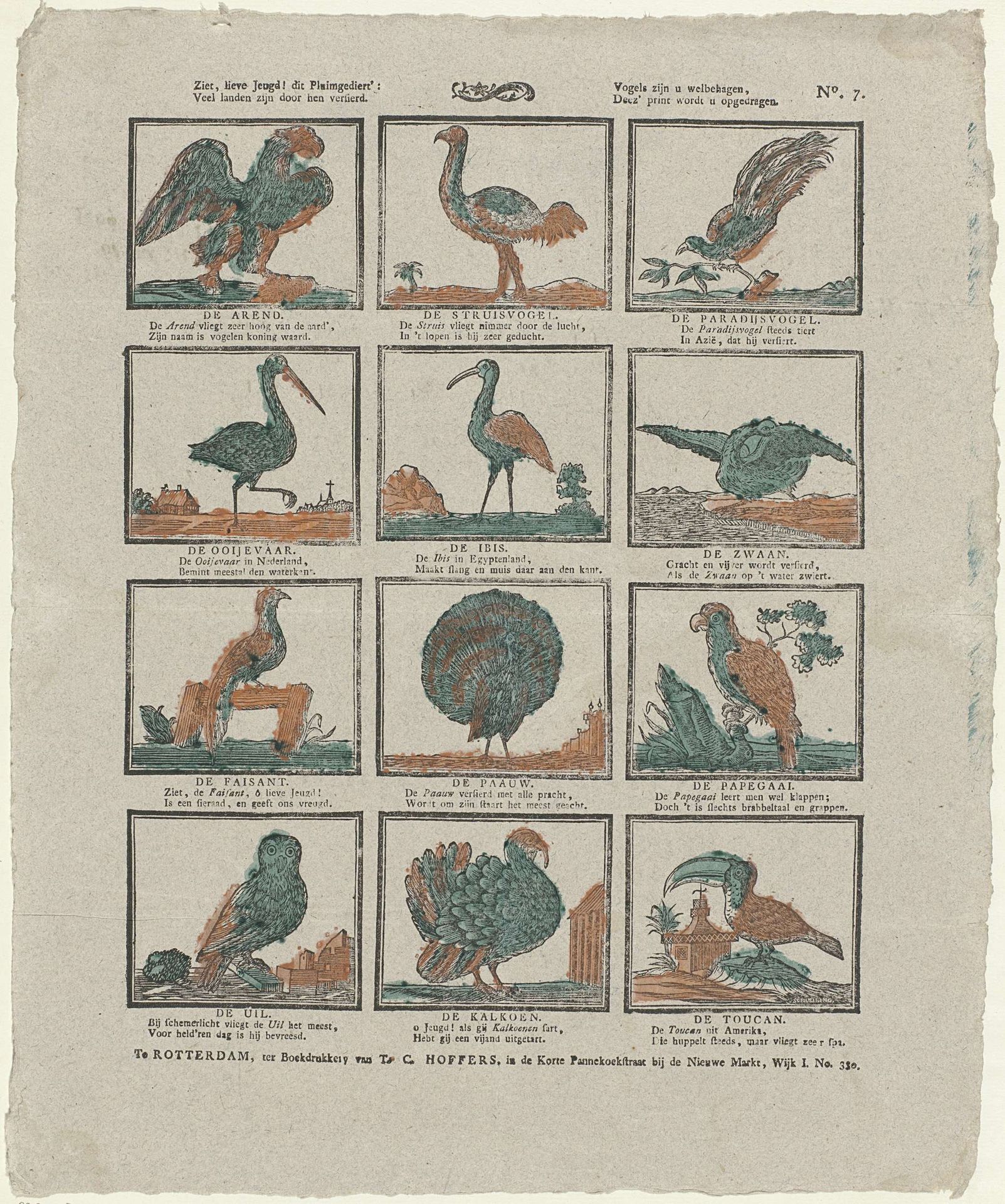 Ziet, lieve jeugd! dit pluimgediert': / Veel landen zijn door hen versierd. / Vogels zijn u welbehagen, / Deez' print wordt u opgedragen by Christiaan Jacob Schuyling