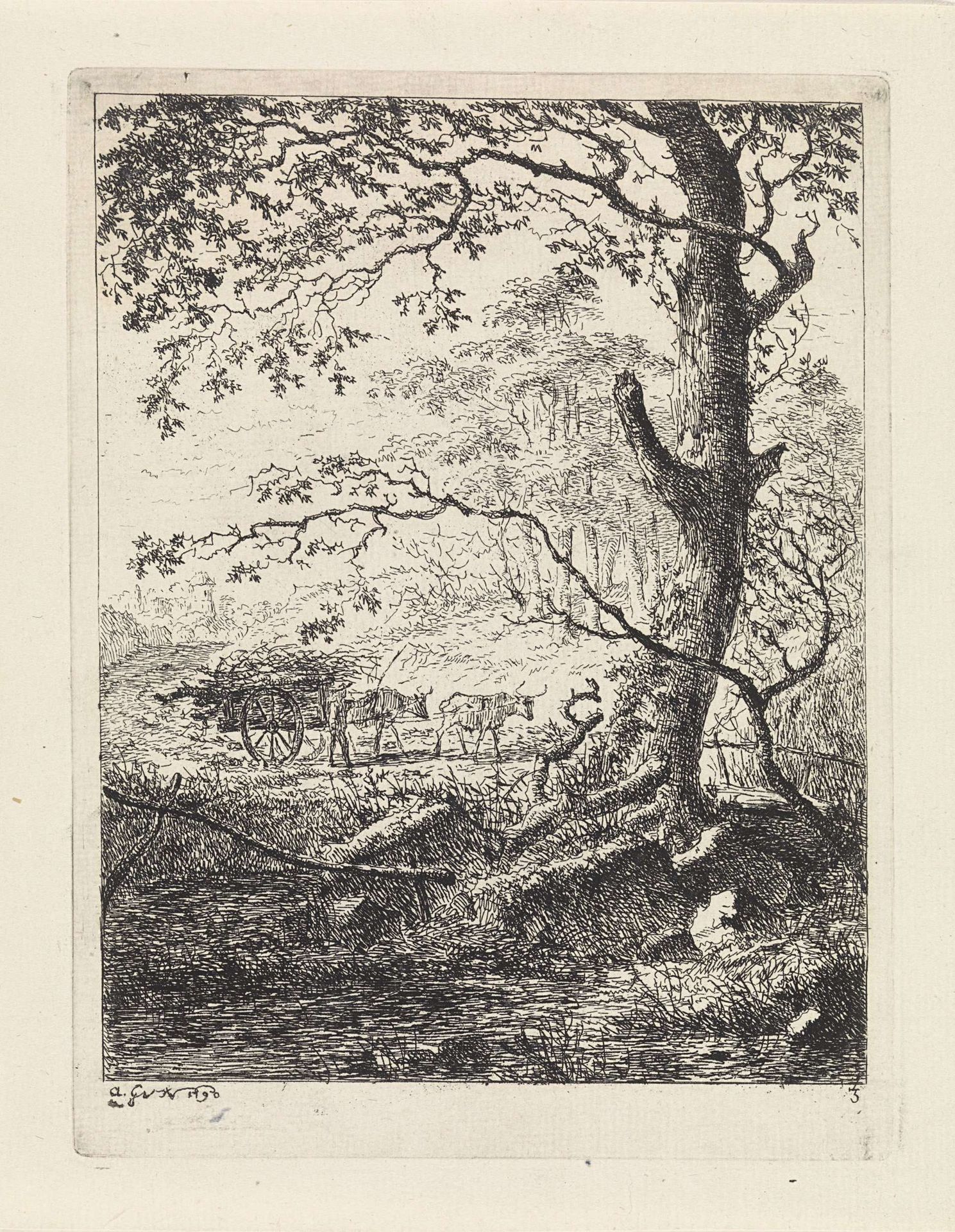Boom aan een beek en een ossenkar by Gerard van Nijmegen