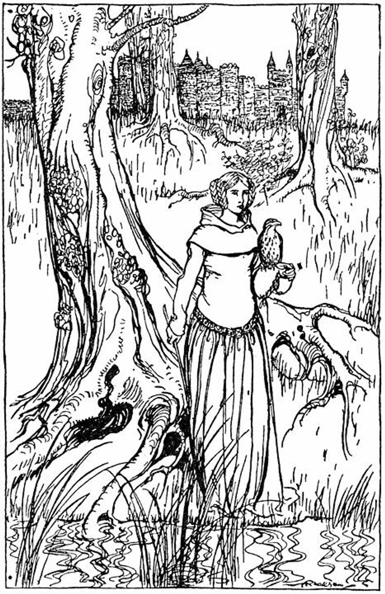 Enide with the golden hawk by Arthur Rackham