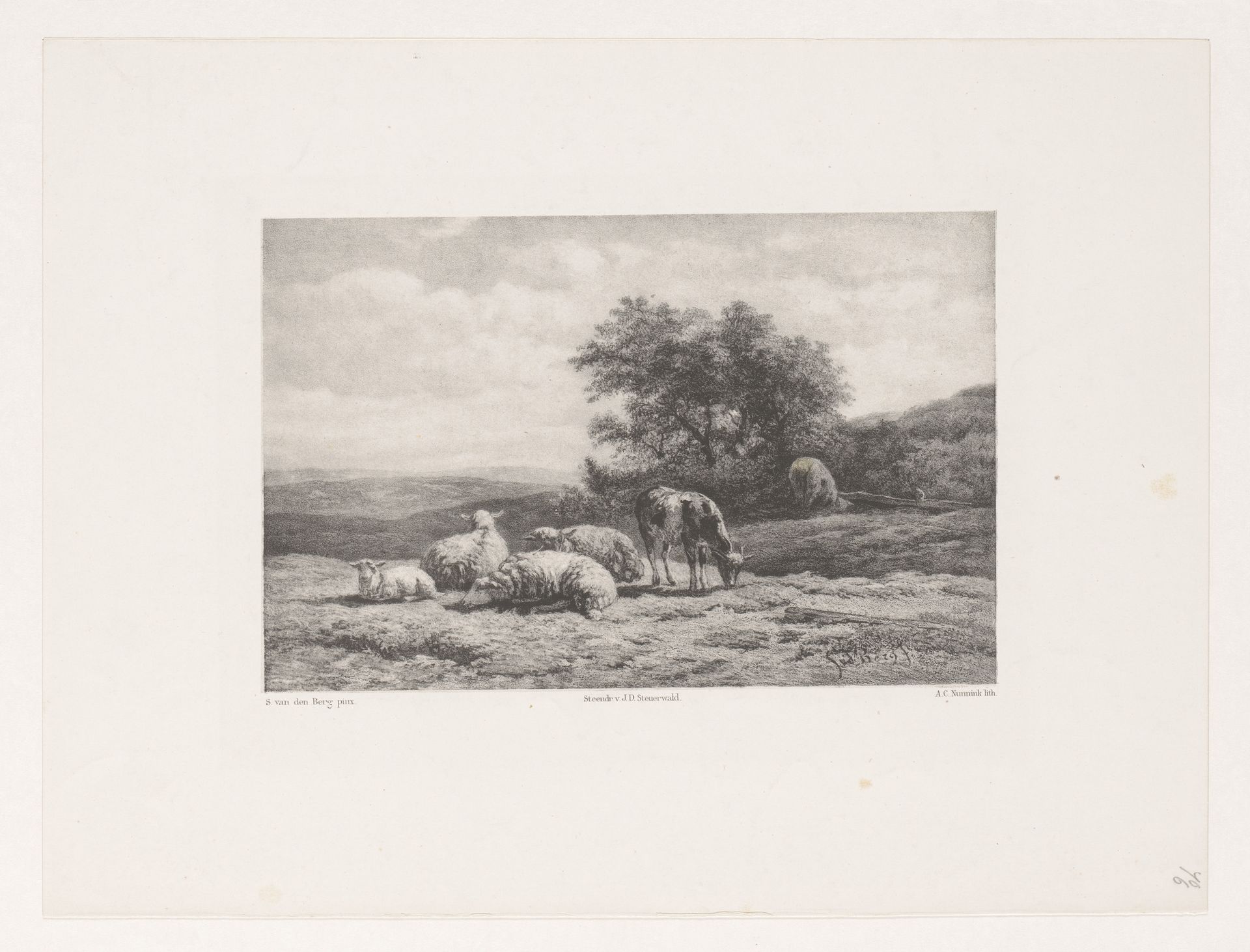 Bok en schapen in landschap by Adolf Carel Nunnink