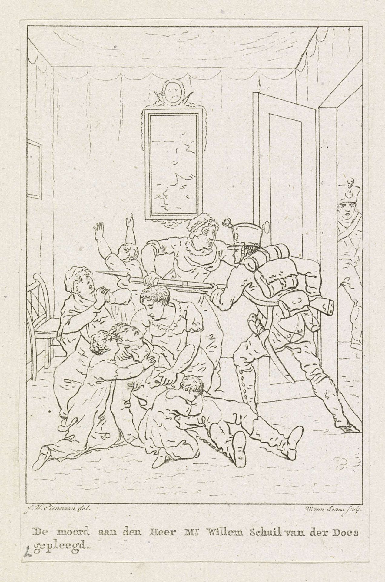 Moord te Woerden op W. Schuil van der Does, 1813 by Willem van Senus