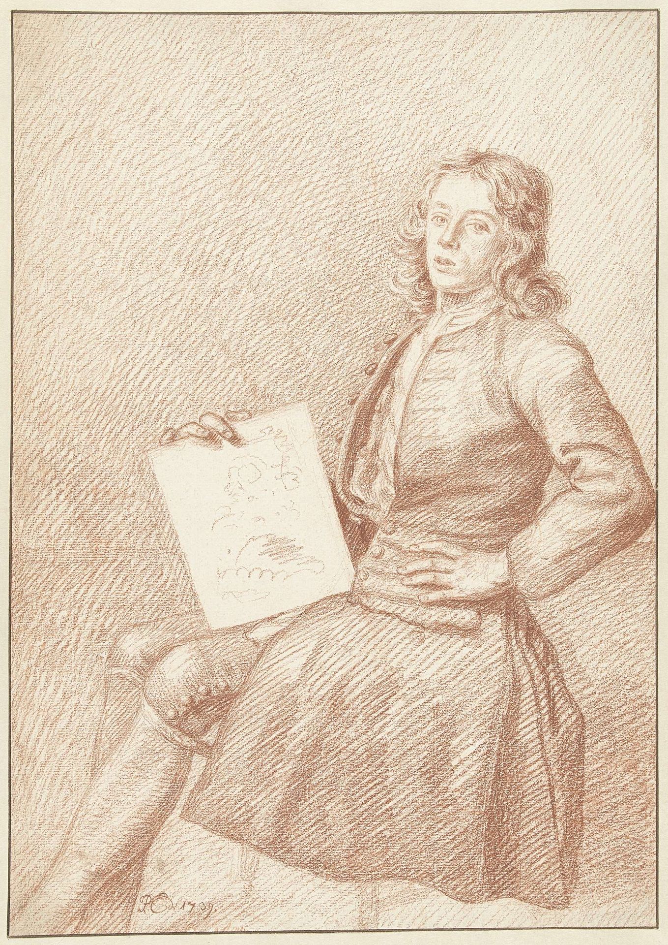 Zelfportret van Philippus Endlich, zittend met een schetsboek op de knie by Philippus Endlich
