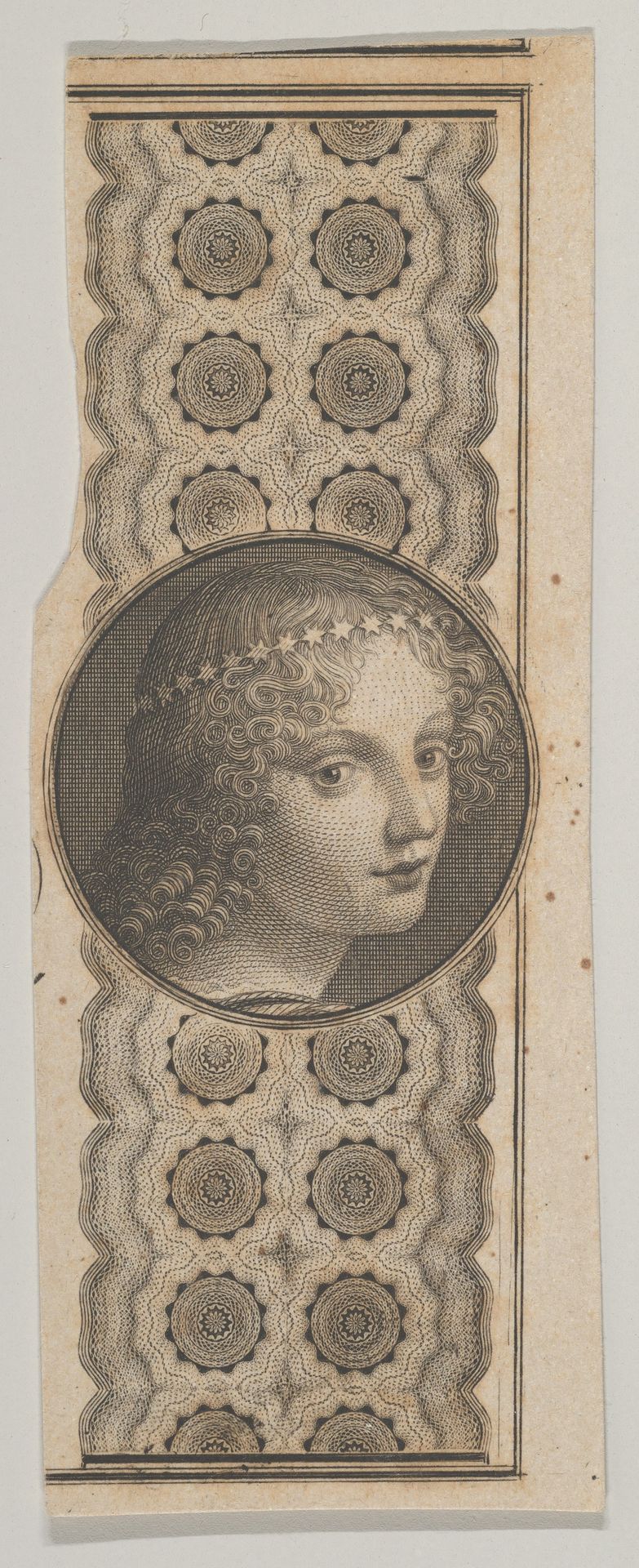 Banknote motif with a girl's head derived from Leonardo da Vinci against a patterned band by Asher Brown Durand