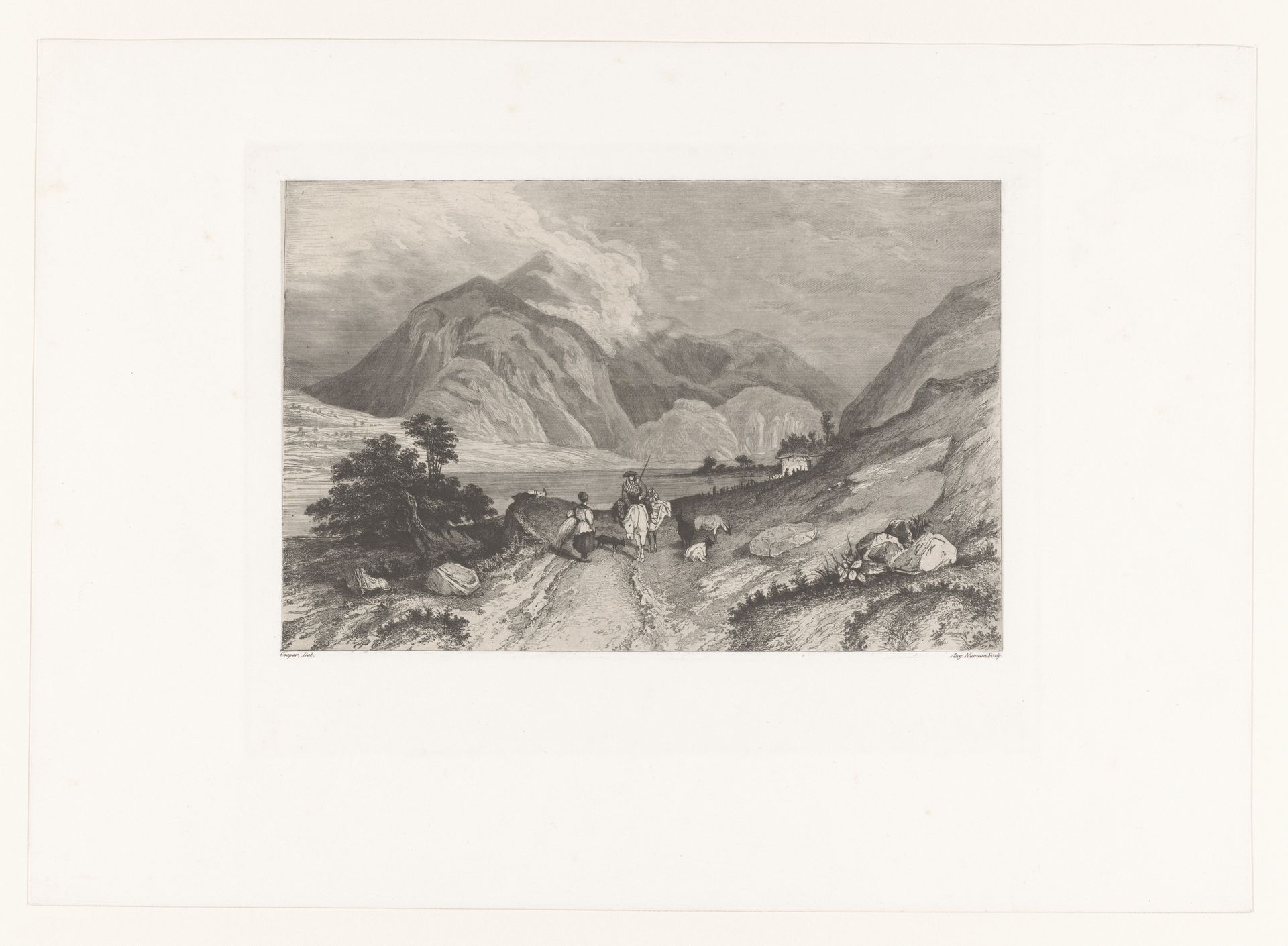 Berglandschap met man te paard en een vrouw met geiten by Auguste Numans