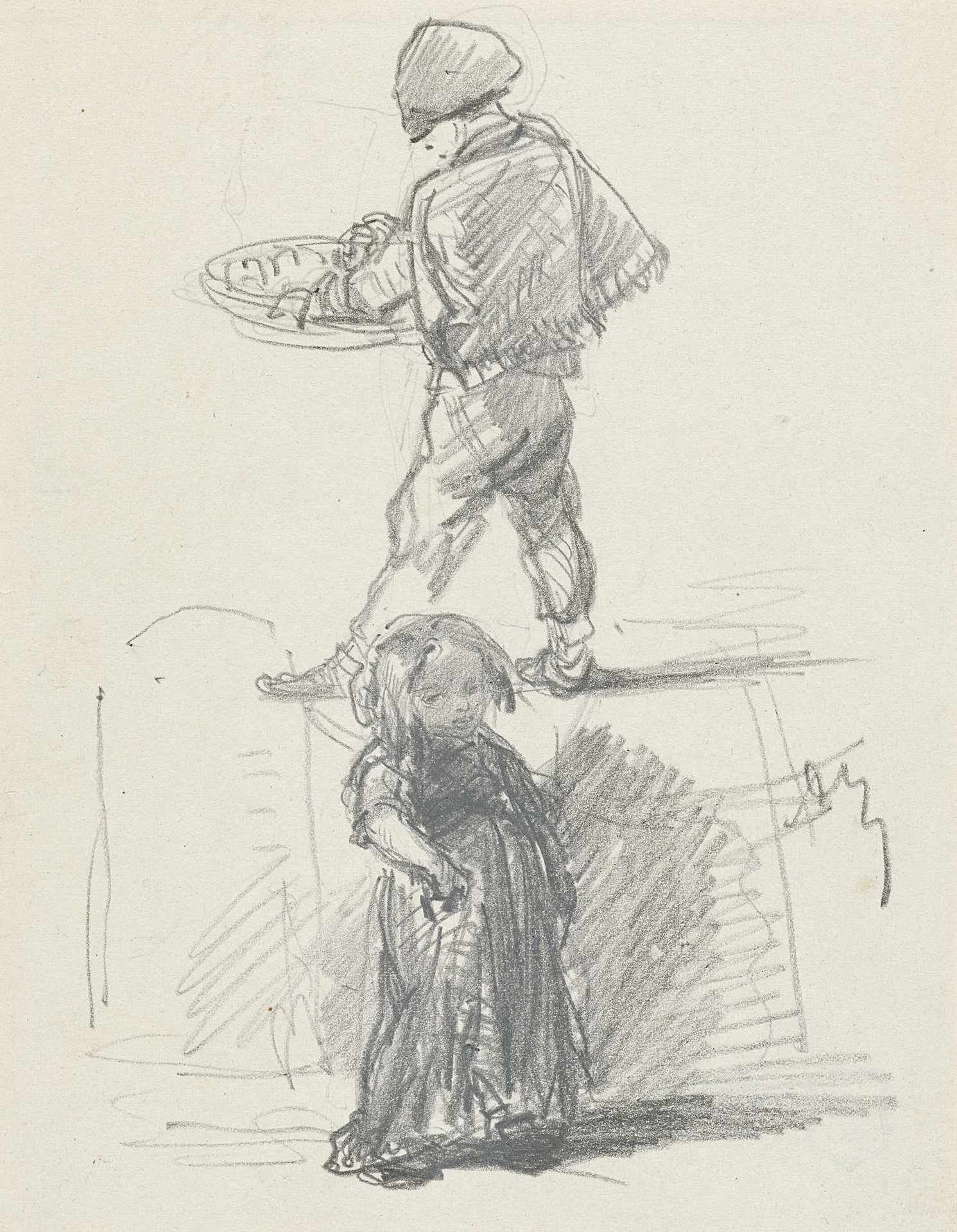 Studiebeeldjes van een jongen met een mand en een meisje by Adolphe Mouilleron
