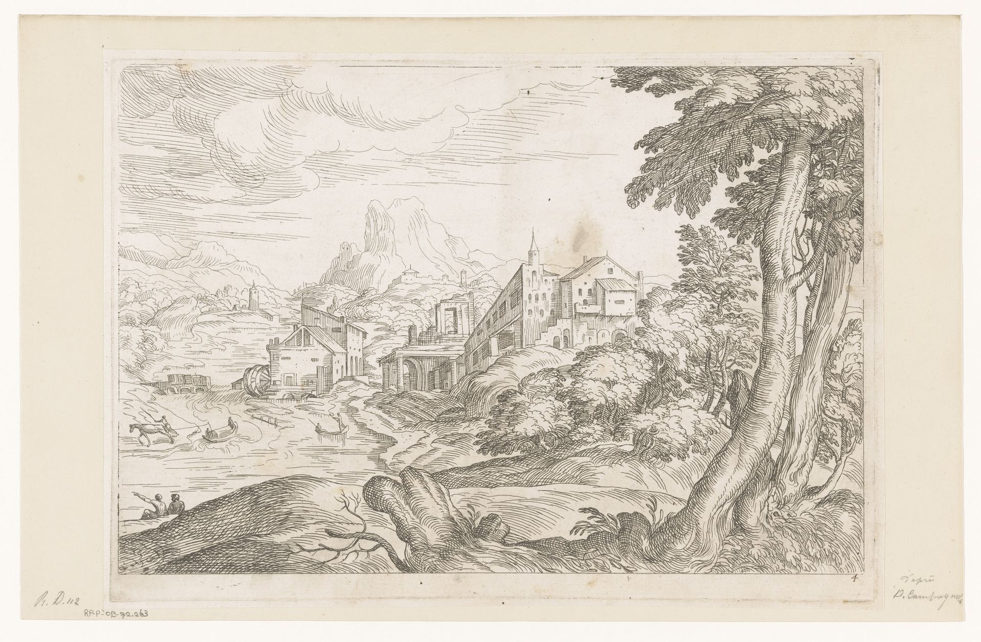 Landschap met bouwwerken aan een rivier by Jean Pesne