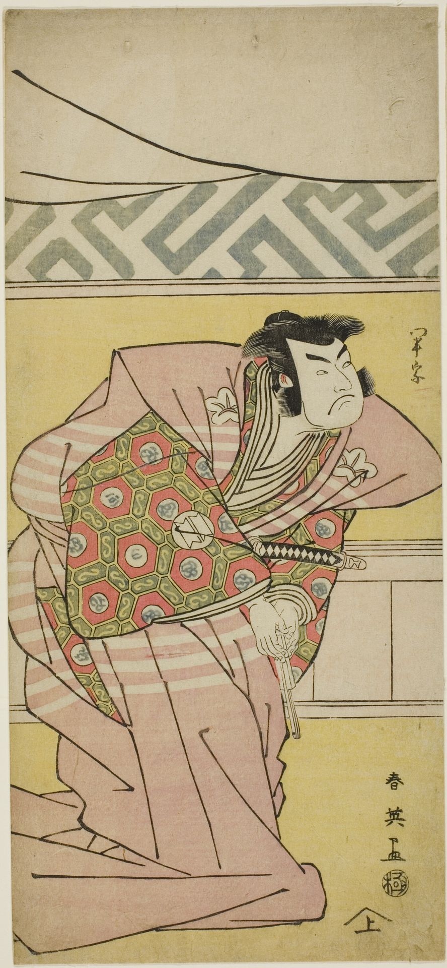 The Actor Sawamuro Sojuro III as Oda Kazusanosuke Harunaga in "The Banquet," the Final Act in Part One of the Play Kanagaki Muromachi Bundan (Muromachi Chronicle in Kana Script), Performed at the Ichimura Theater from the First Day of the Eighth Month, 1791 by Katsukawa Shun'ei