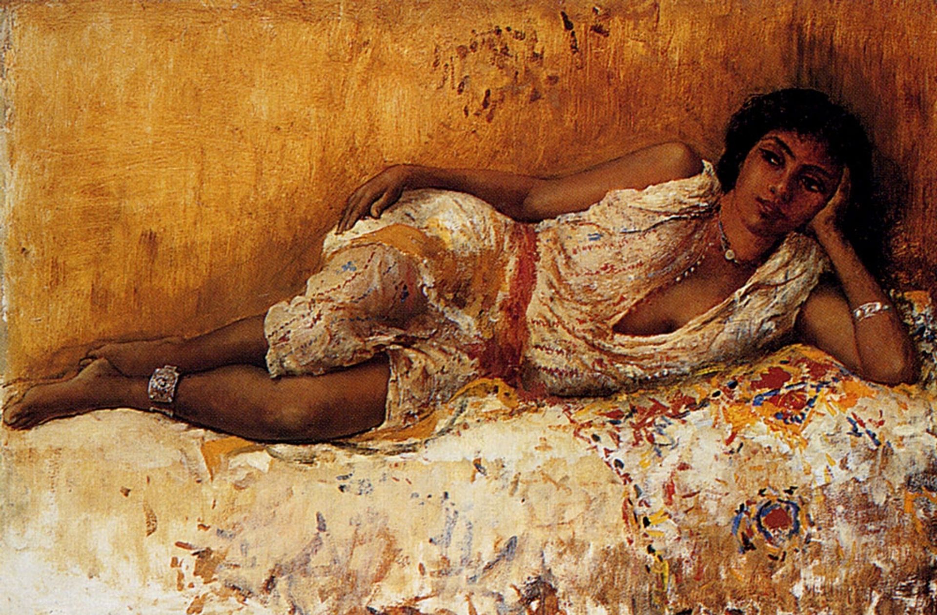 Moorish Girl Lying On A Couch Rabat, Morocco by Edwin Lord Weeks